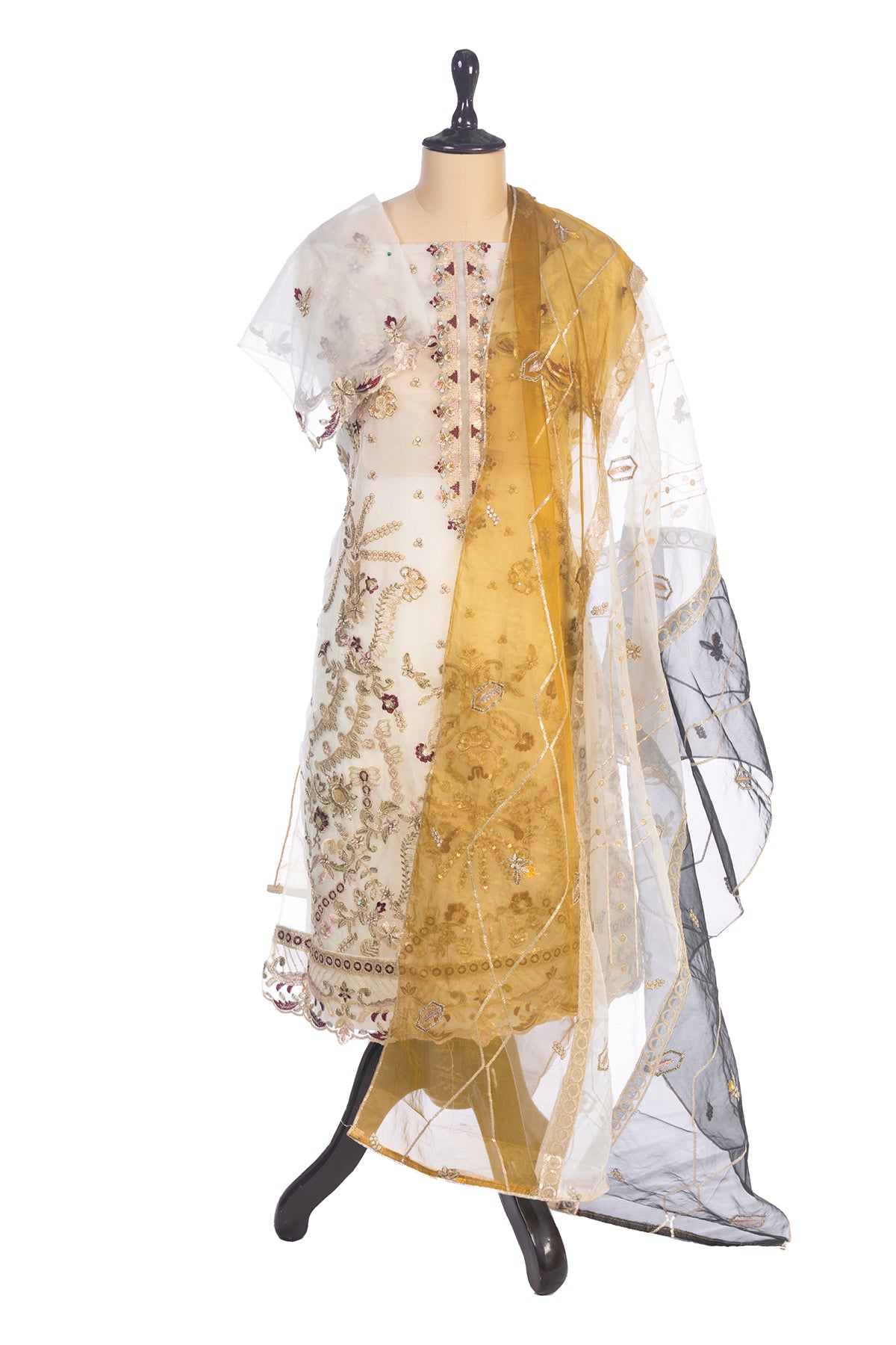 Silakaari Ronak Pure Organza Cream-Maroon Golden Zari Sequin Unstitched Pakistani Suits