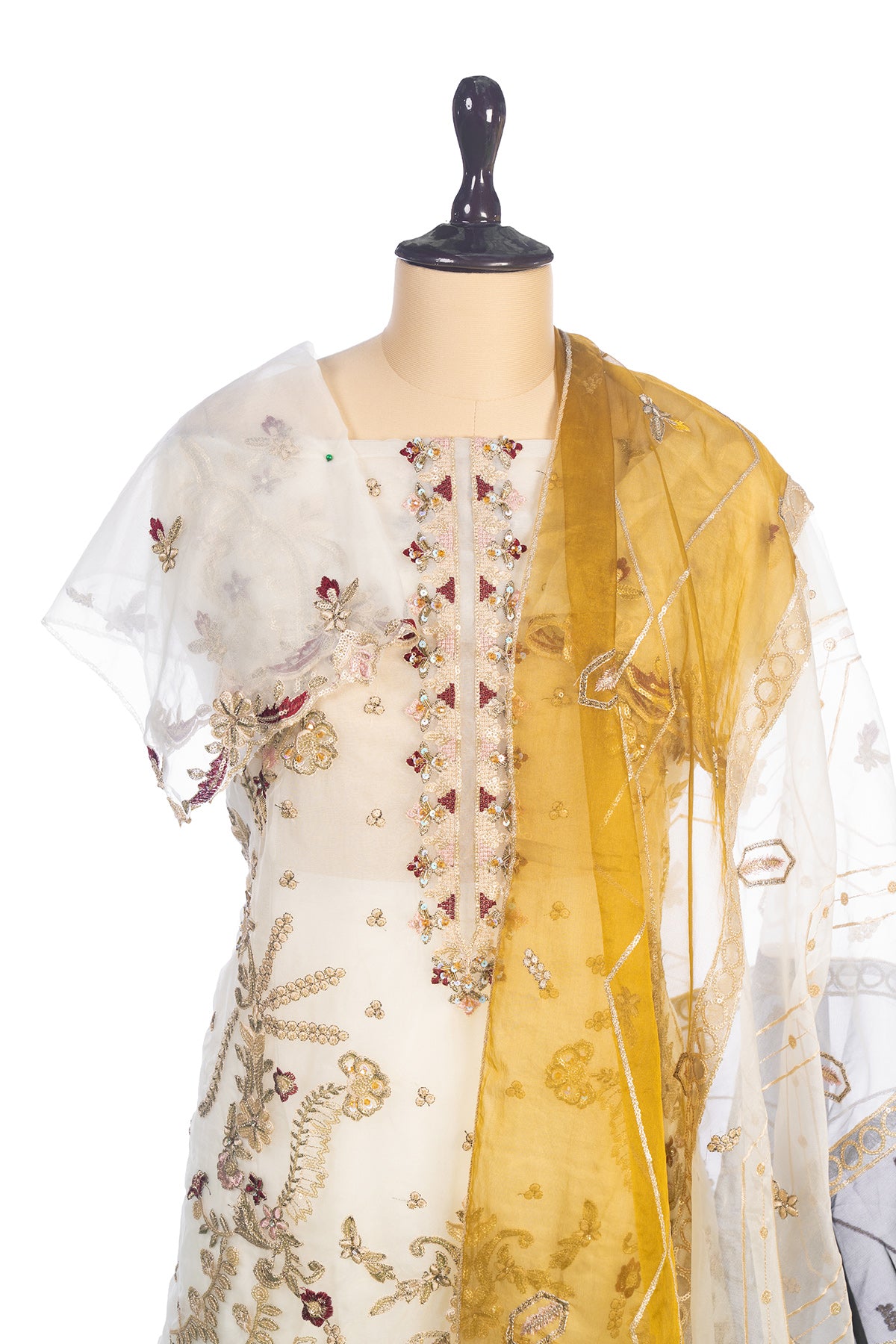 Silakaari Ronak Pure Organza Cream-Maroon Golden Zari Sequin Unstitched Pakistani Suits