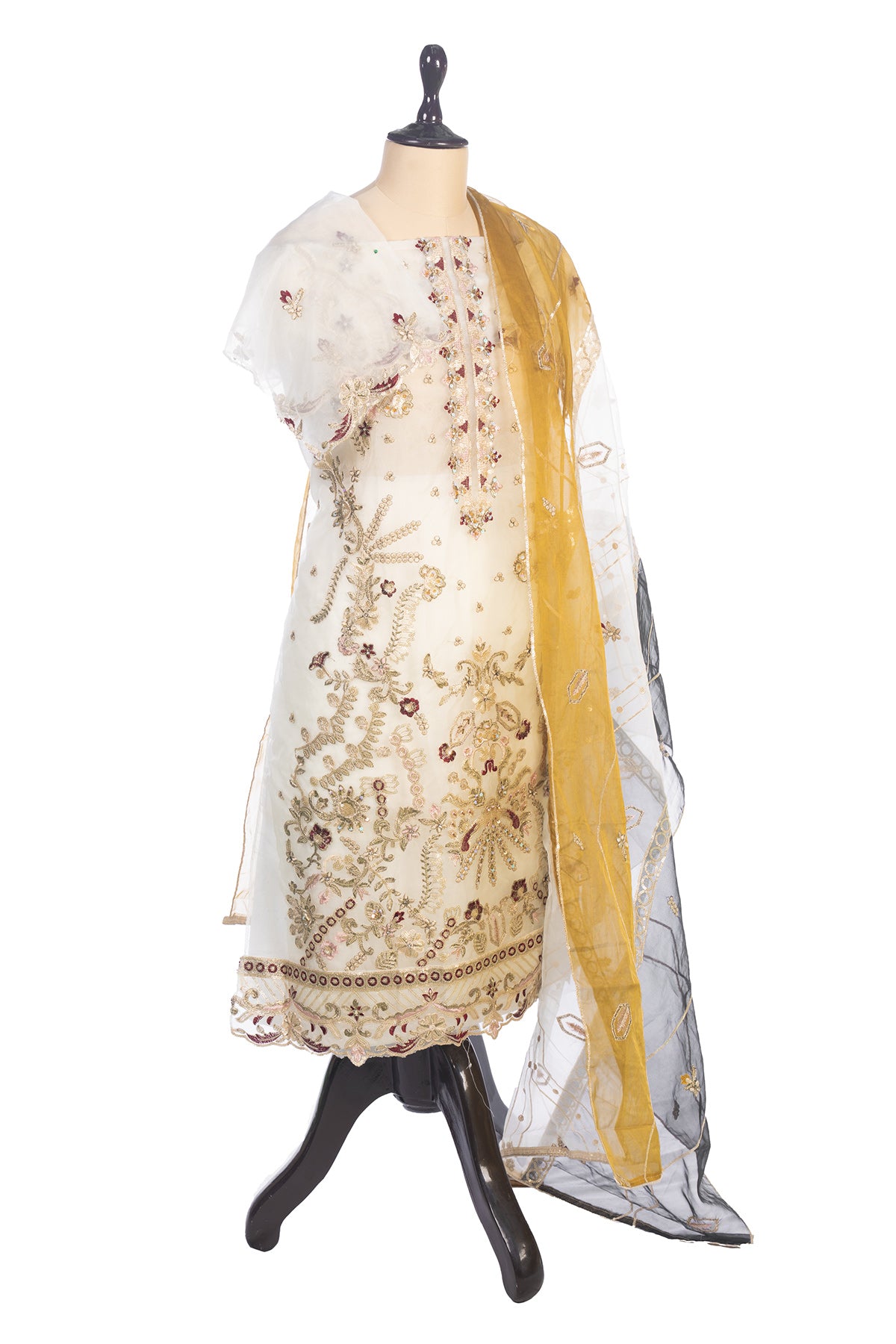 Silakaari Ronak Pure Organza Cream-Maroon Golden Zari Sequin Unstitched Pakistani Suits