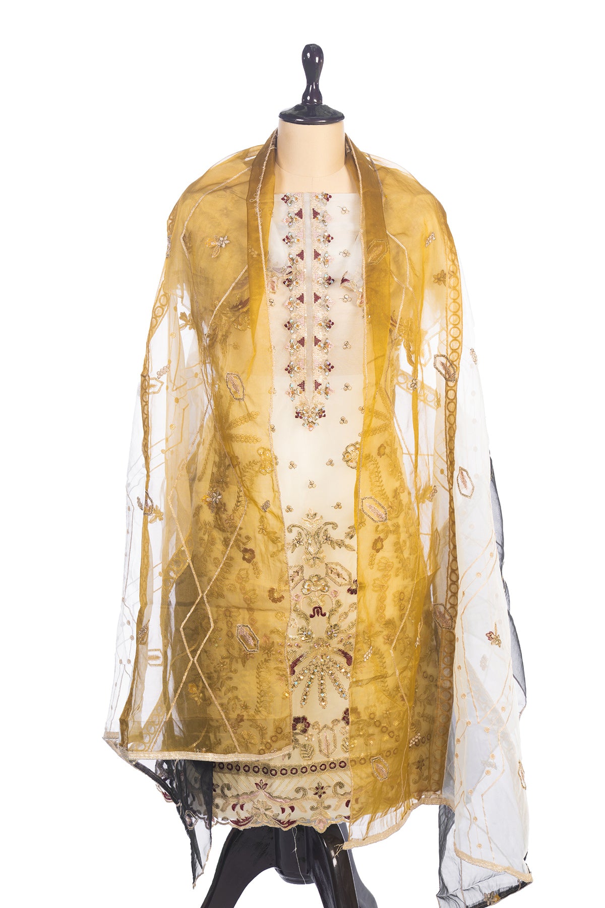 Silakaari Ronak Pure Organza Cream-Maroon Golden Zari Sequin Unstitched Pakistani Suits