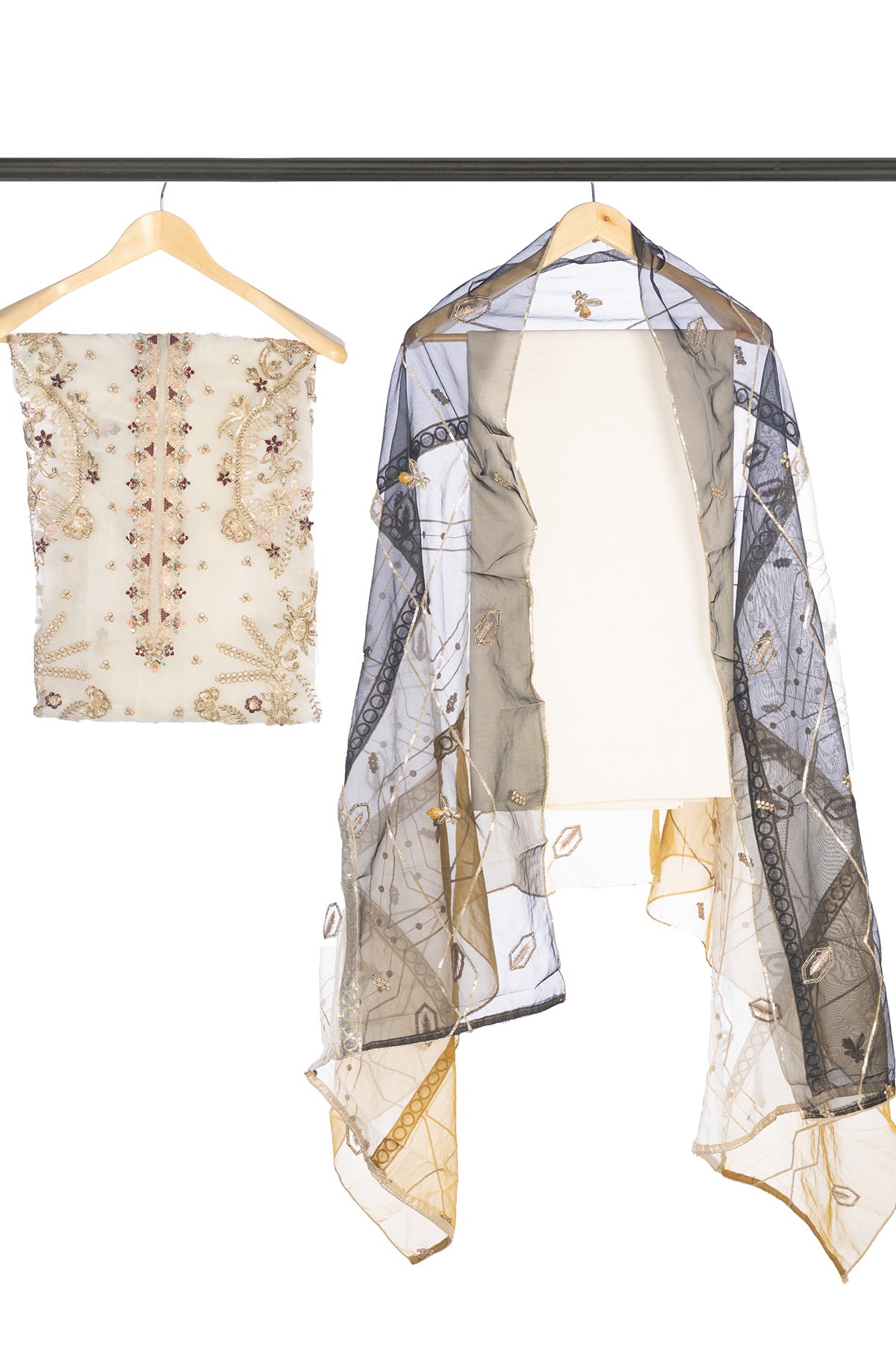 Silakaari Ronak Pure Organza Cream-Maroon Golden Zari Sequin Unstitched  Suits