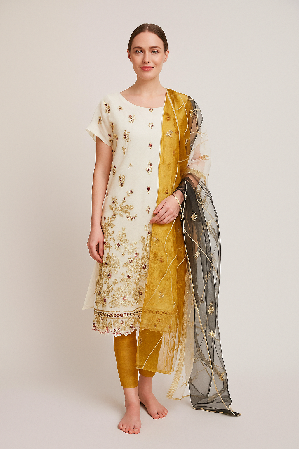 Silakaari Ronak Pure Organza Cream-Maroon Golden Zari Sequin Unstitched Suits