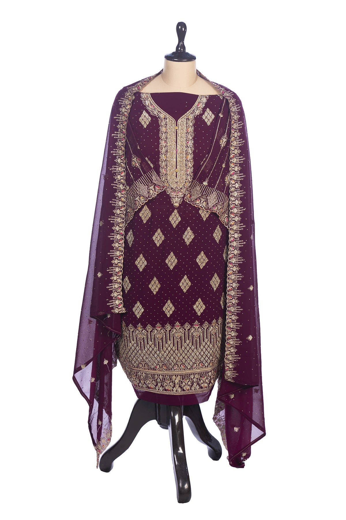 Silakaari Aashna Wine-Gold Pure Dimond Zari Heavy Georgette PartyWear Unstitched Suits