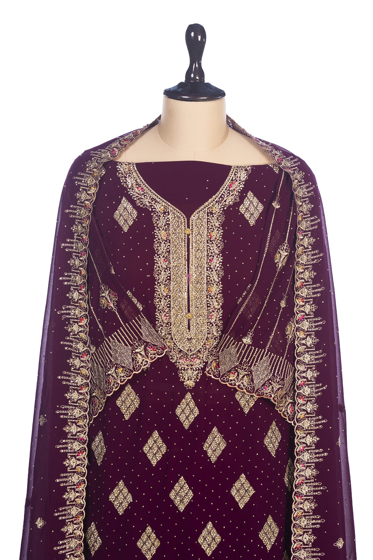 Silakaari Aashna Wine-Gold Pure Dimond Zari Heavy Georgette PartyWear Unstitched Suits