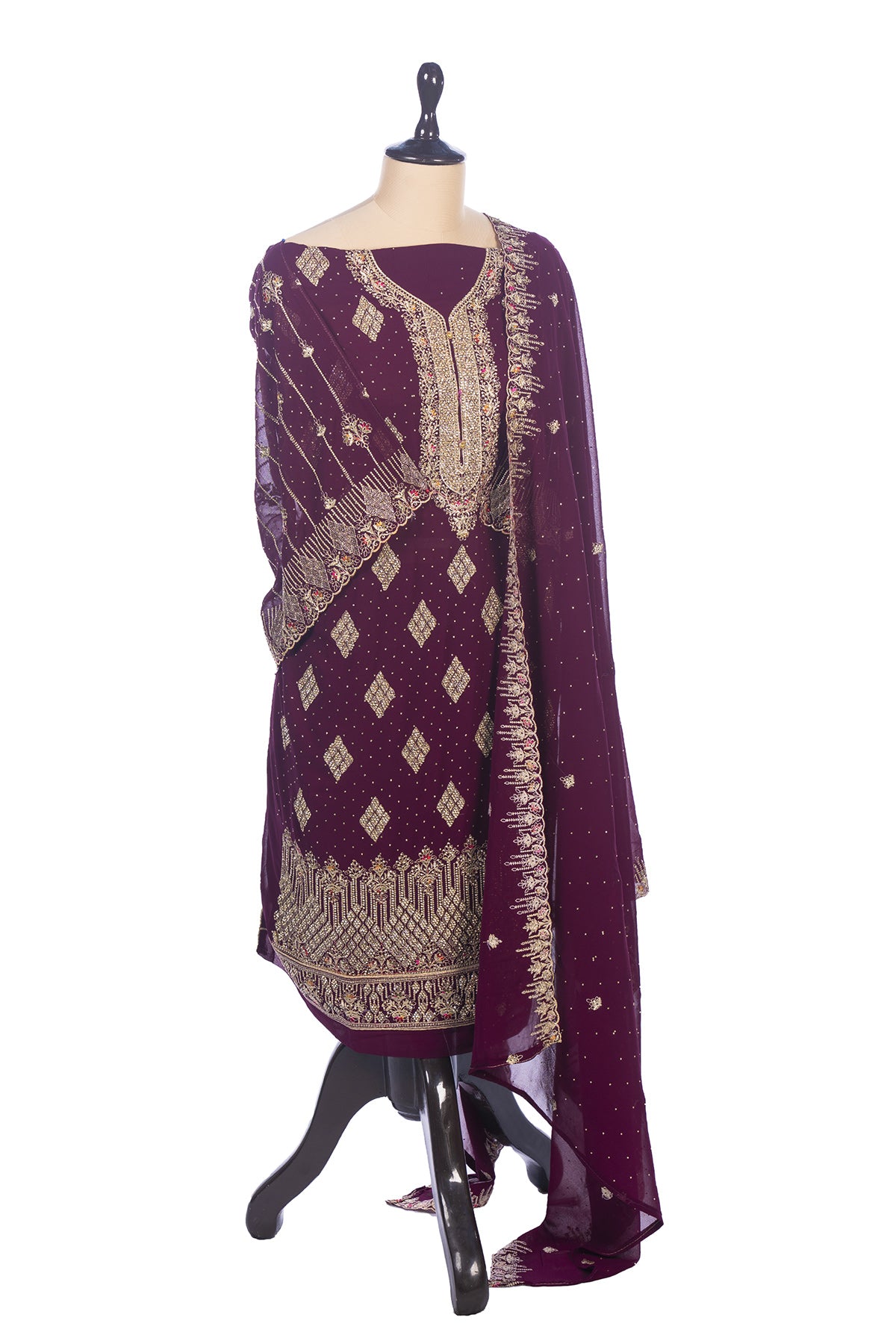 Silakaari Aashna Wine-Gold Pure Dimond Zari Heavy Georgette PartyWear Unstitched Suits