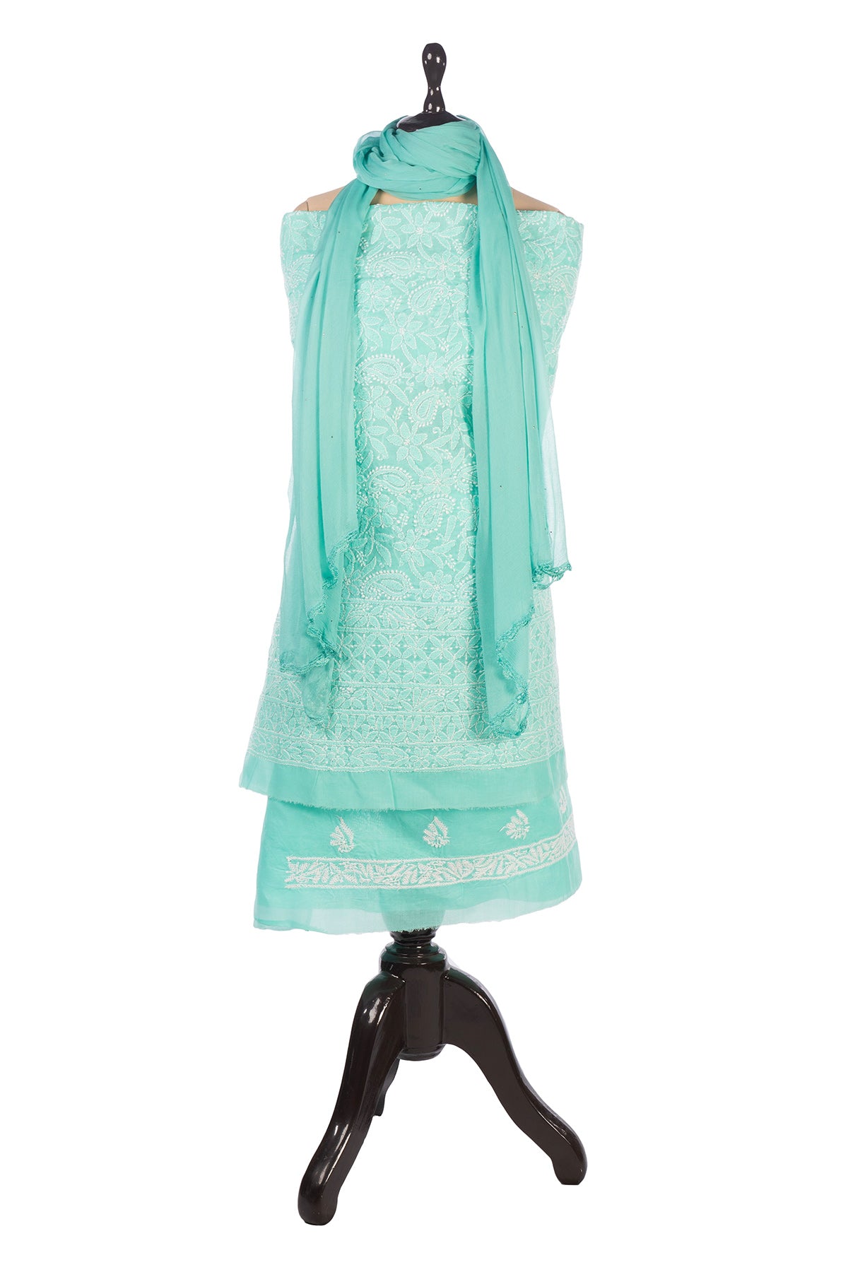 Silakaari Floss Green-White Pure Cotton Delux Premium Lucknowi Chikankari Unstitched Dress Material