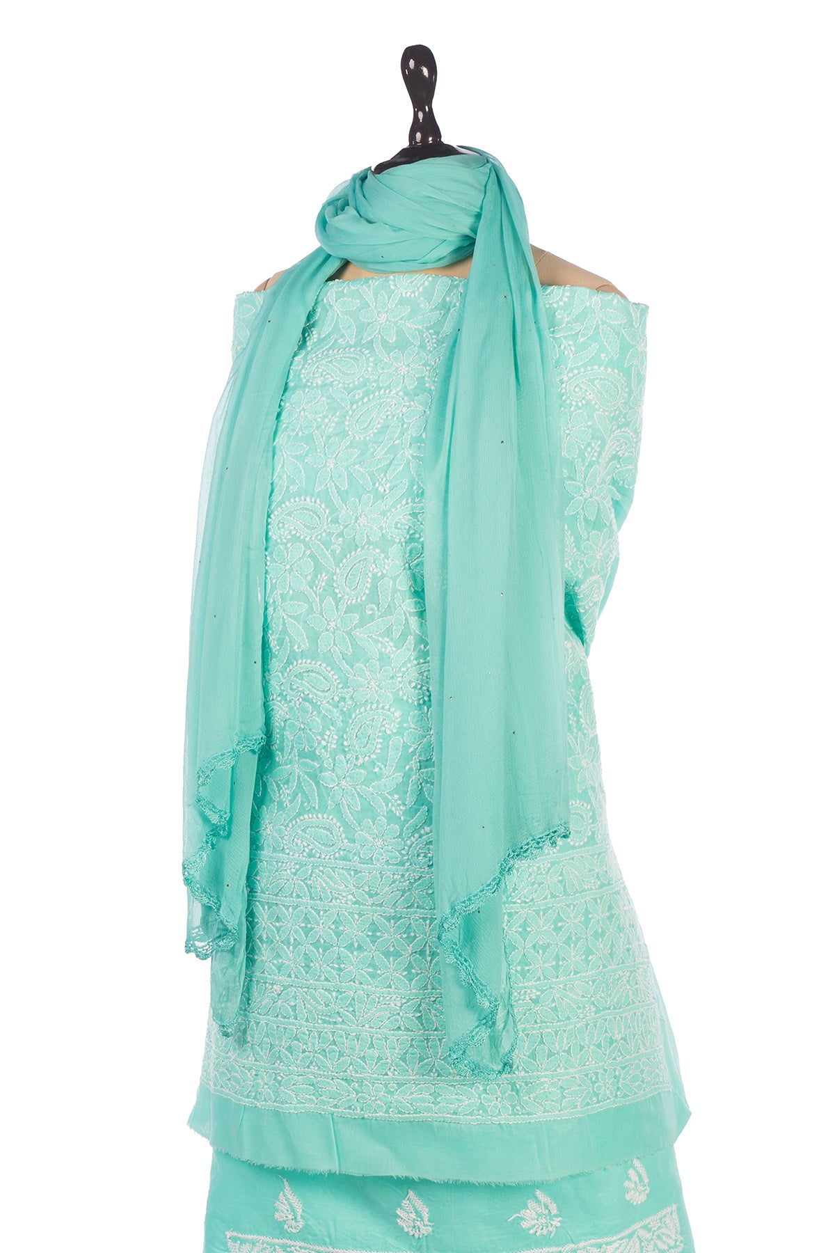 Silakaari Floss Green-White Pure Cotton Delux Premium Lucknowi Chikankari Unstitched Dress Material