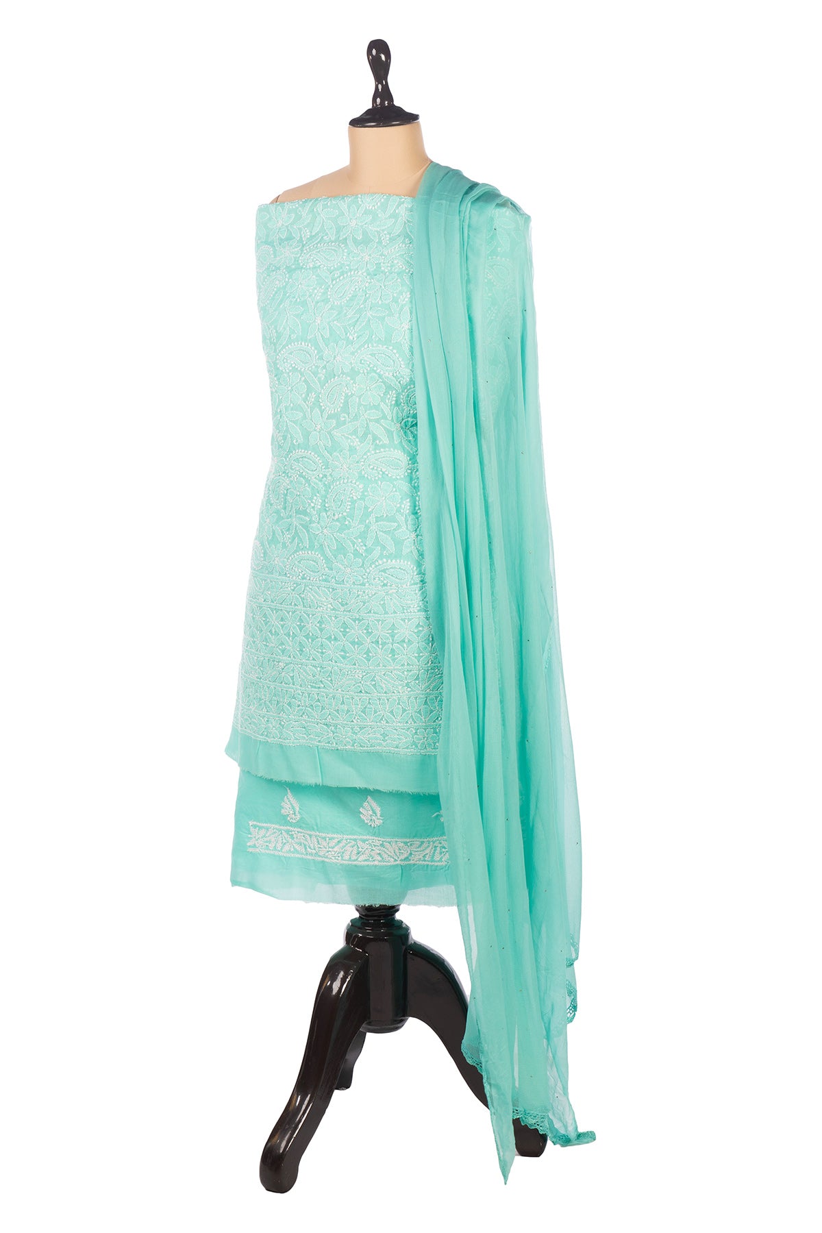 Silakaari Floss Green-White Pure Cotton Delux Premium Lucknowi Chikankari Unstitched Dress Material