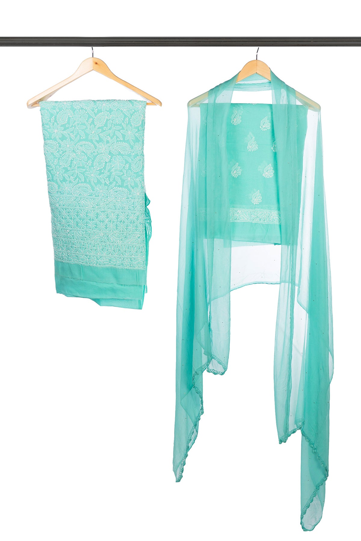 Silakaari Floss Green-White Pure Cotton Delux Premium Lucknowi Chikankari Unstitched Dress Material