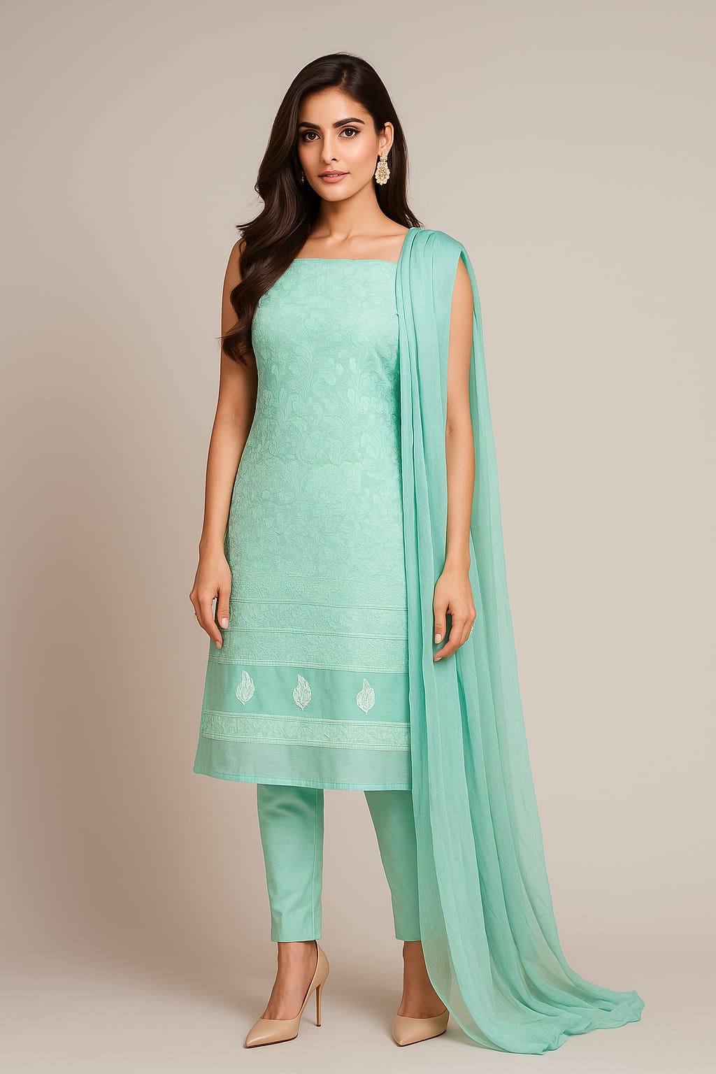 Silakaari Floss Green-White Pure Cotton Delux Premium Lucknowi Chikankari Unstitched Dress Material