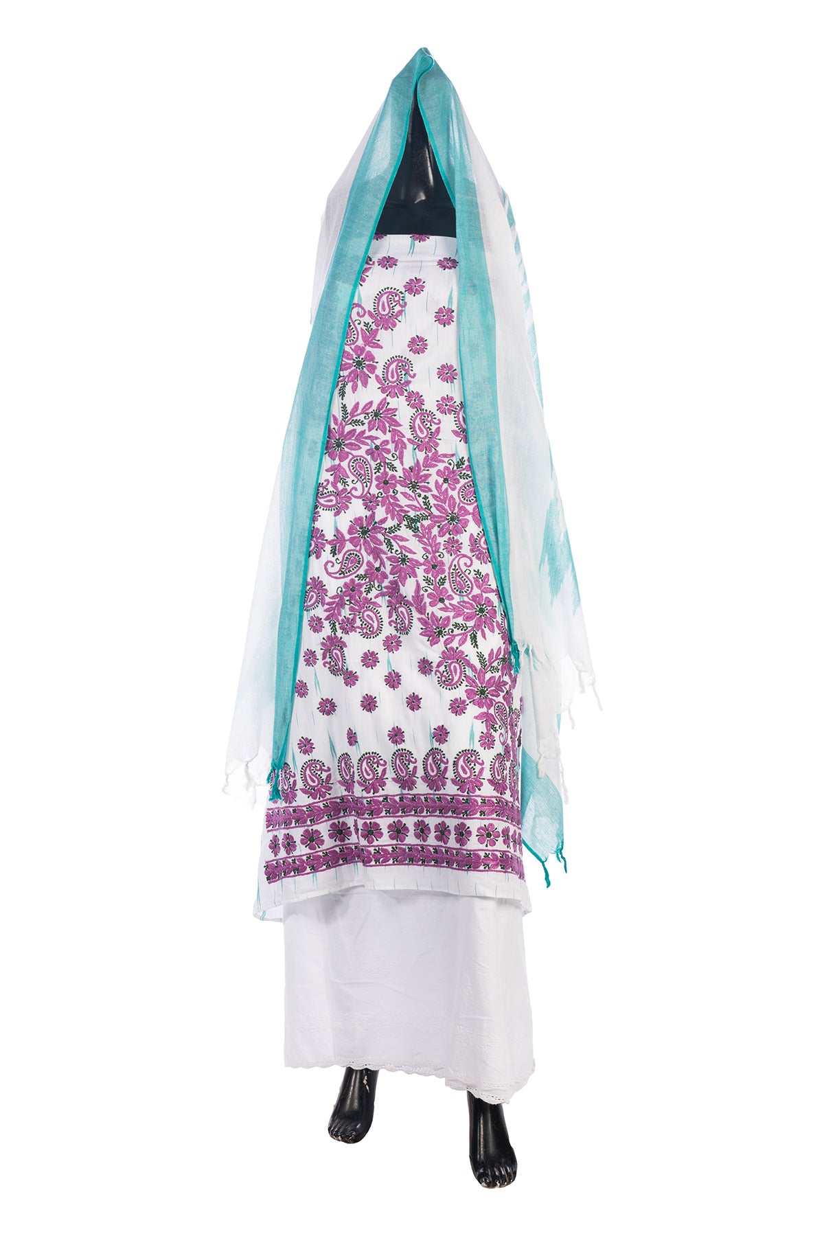 Silakaari Kamsin White-Purple Pure Chikankari Super Fine Embroidery Unstitched Dress Material