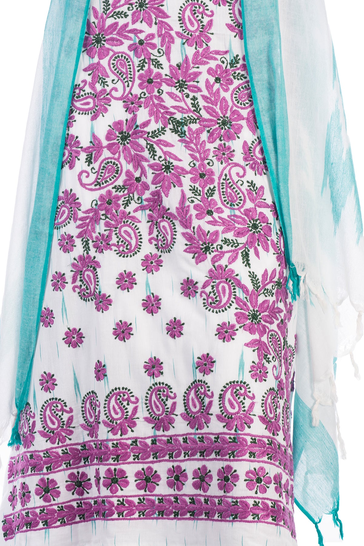 Silakaari Kamsin White-Purple Pure Chikankari Super Fine Embroidery Unstitched Dress Material