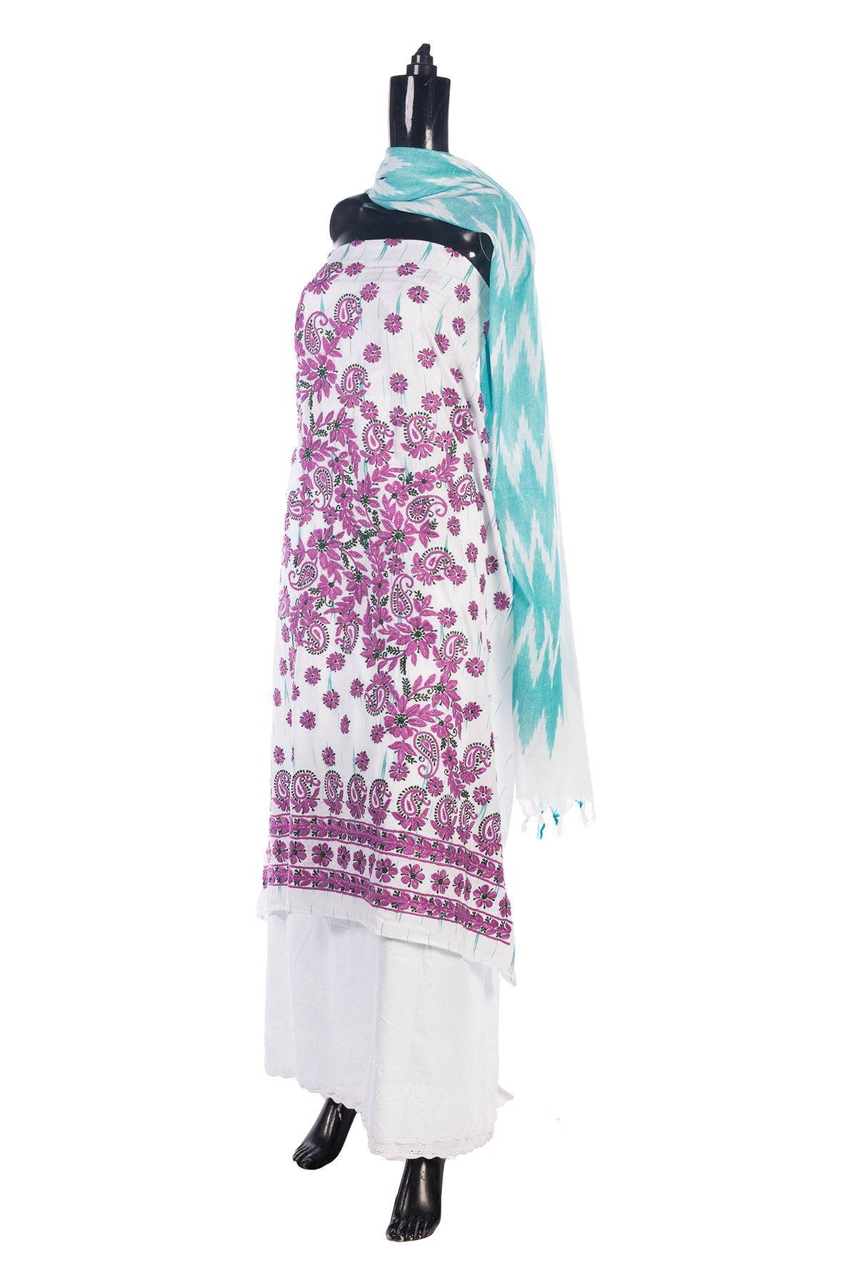 Silakaari Kamsin White-Purple Pure Chikankari Super Fine Embroidery Unstitched Dress Material