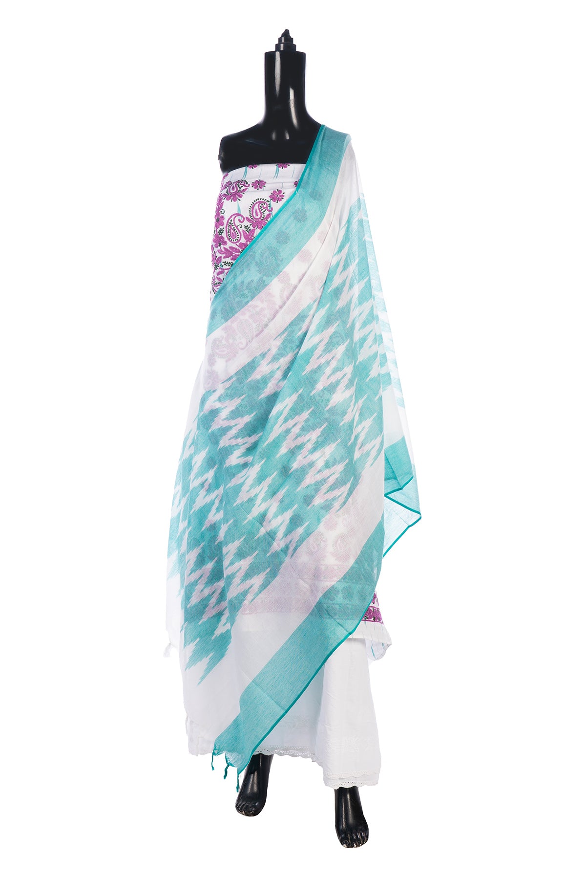 Silakaari Kamsin White-Purple Pure Chikankari Super Fine Embroidery Unstitched Dress Material