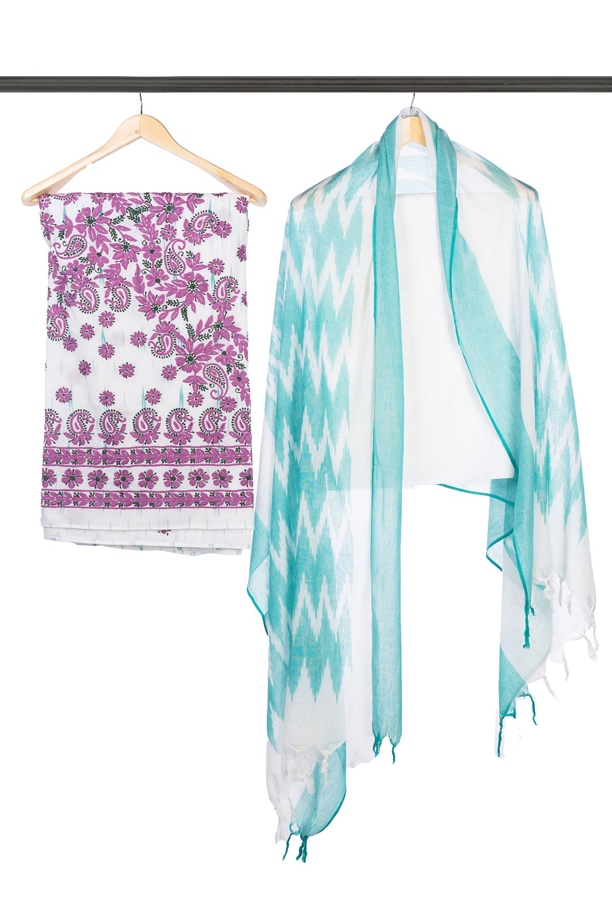 Silakaari Kamsin White-Purple Pure Chikankari Super Fine Embroidery Unstitched Dress Material