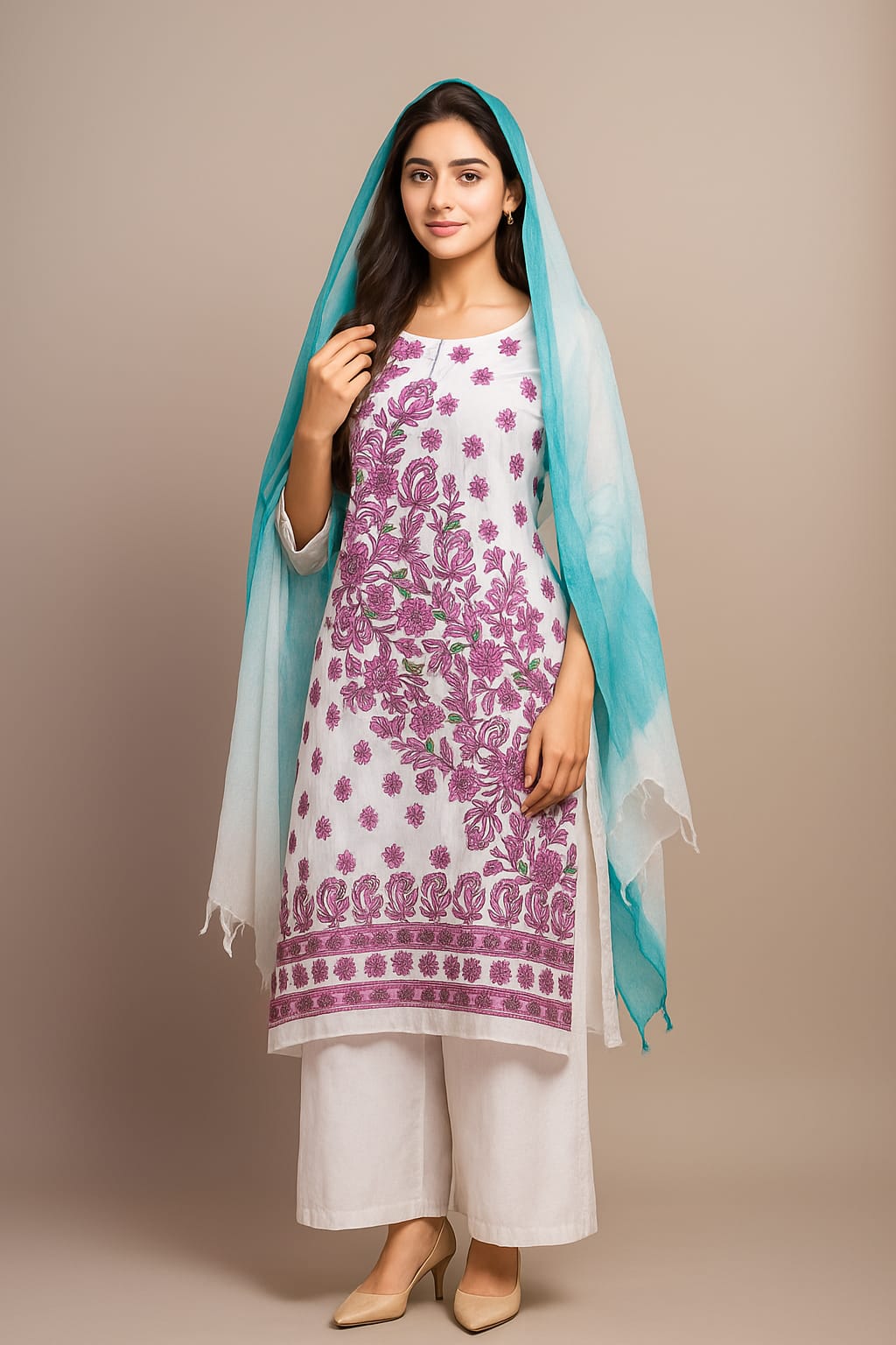 Silakaari Kamsin White-Purple Pure Chikankari Super Fine Embroidery Unstitched Dress Material