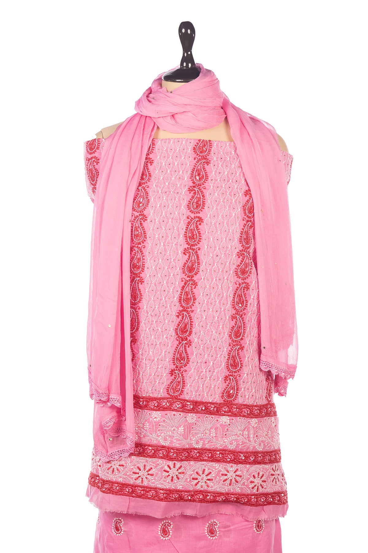 Silakaari Mehazabien Pink-Red Badla Mukaish Work Premium Handwork Unstitched Dress Material