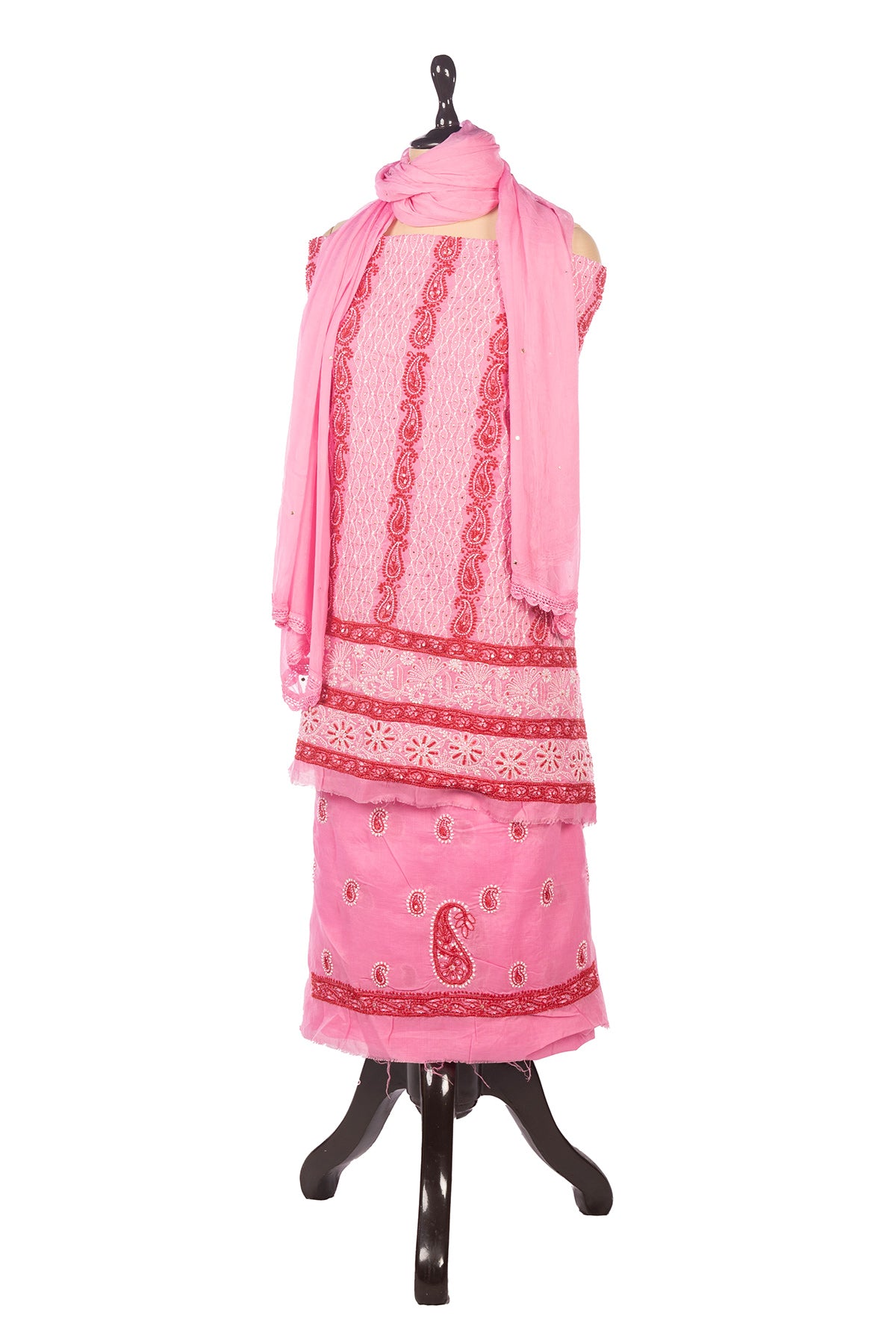 Silakaari Mehazabien Pink-Red Badla Mukaish Work Premium Handwork Unstitched Dress Material