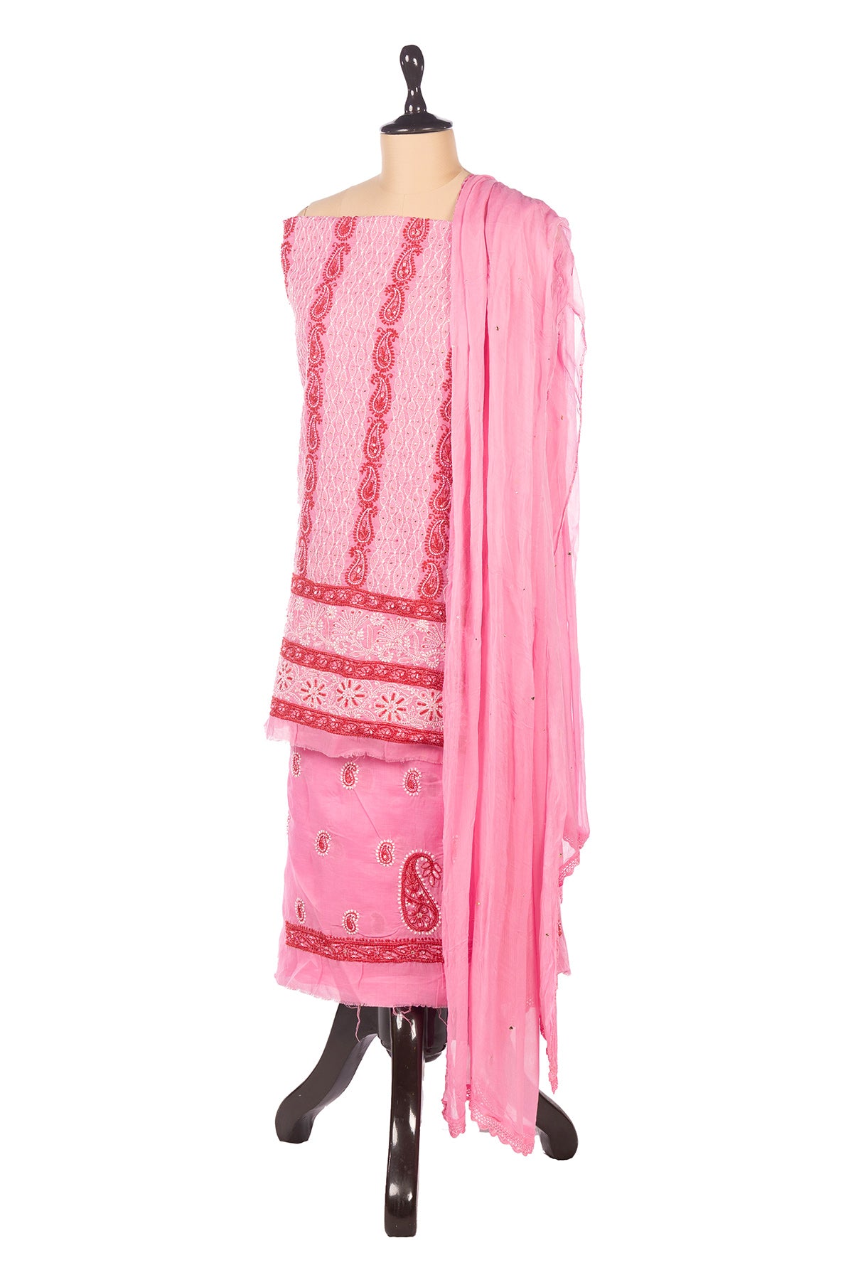 Silakaari Mehazabien Pink-Red Badla Mukaish Work Premium Handwork Unstitched Dress Material