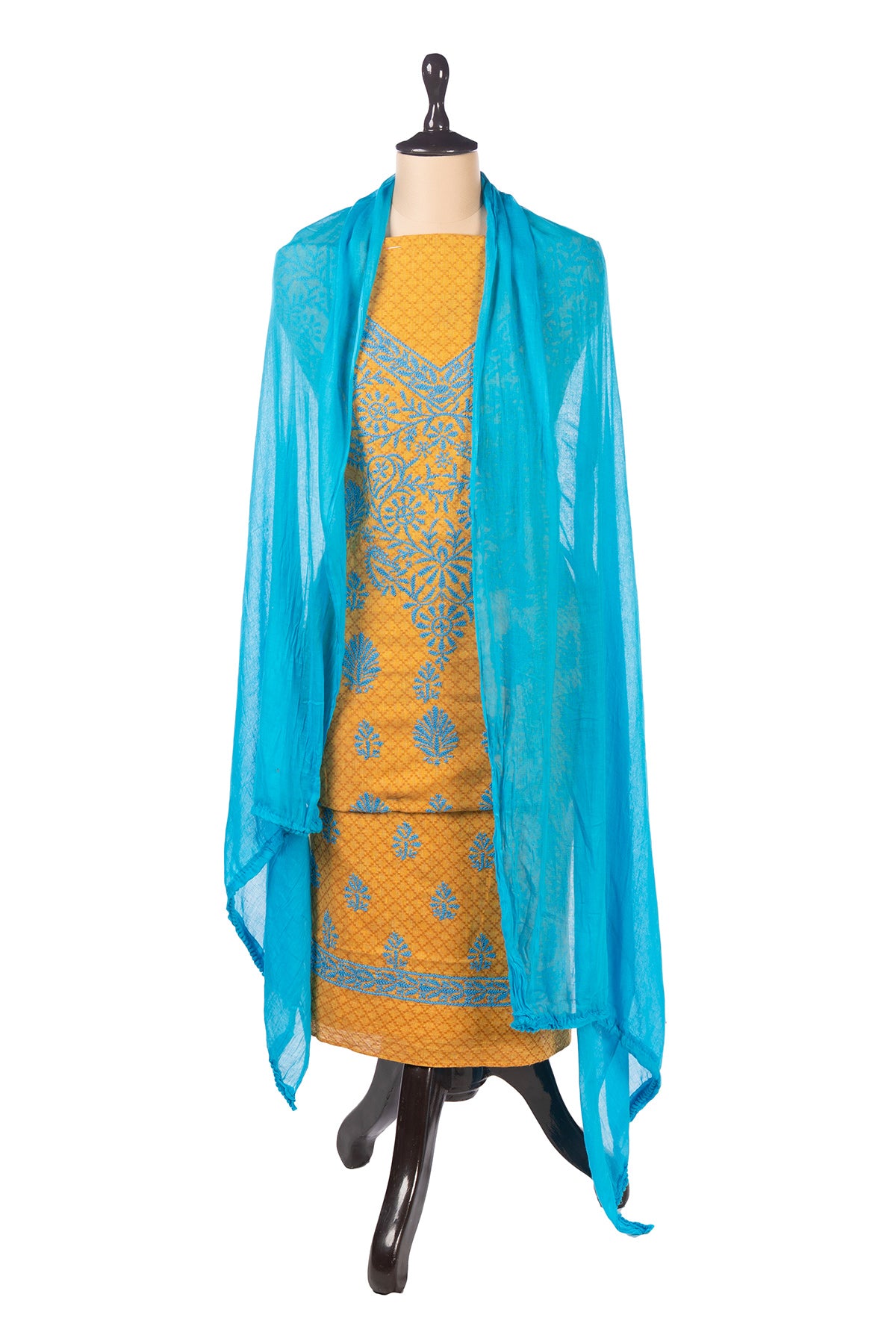 Silakaari Suhagan Beige-Blue Premium HandWork Lucknowi Chikankari Unstitched Dress Material