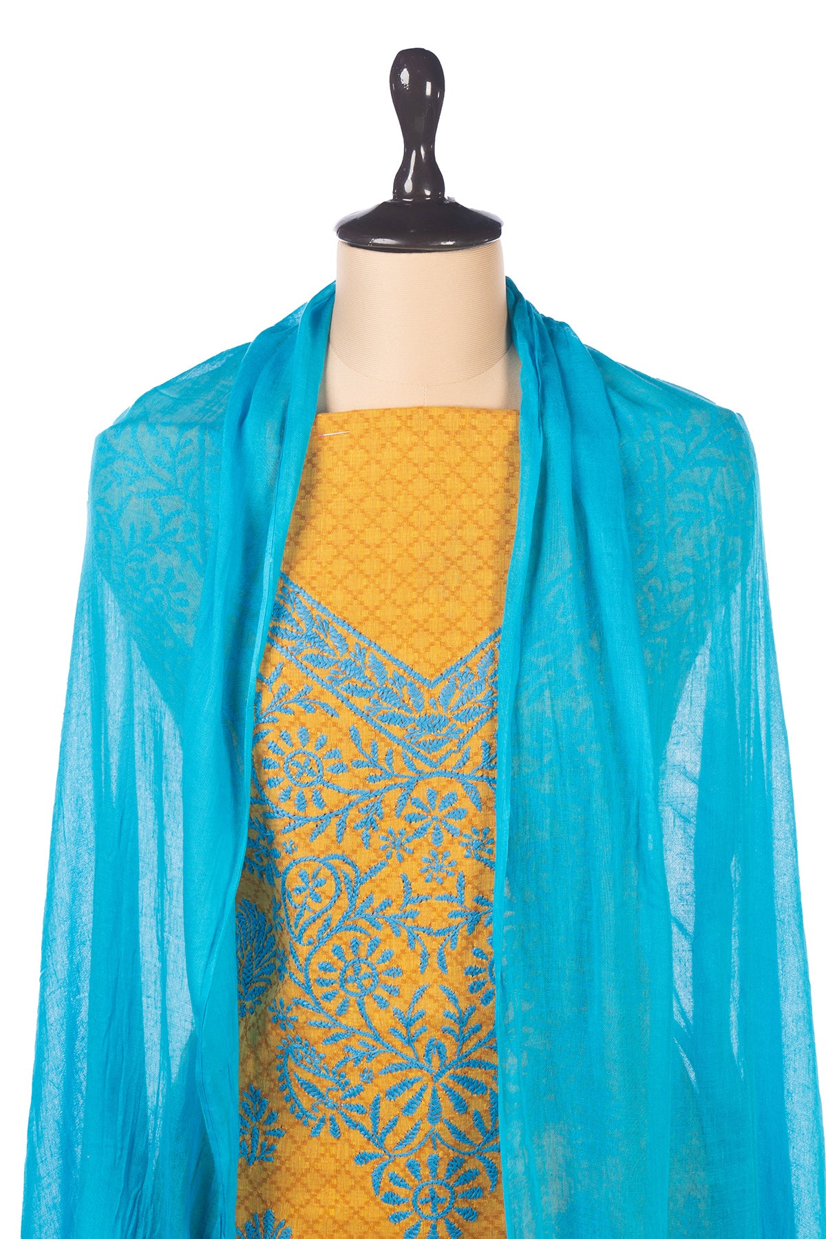 Silakaari Suhagan Beige-Blue Premium HandWork Lucknowi Chikankari Unstitched Dress Material