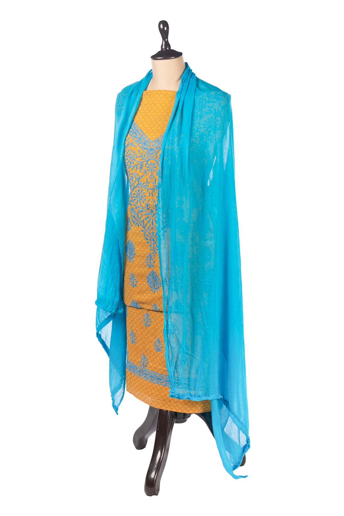 Silakaari Suhagan Beige-Blue Premium HandWork Lucknowi Chikankari Unstitched Dress Material