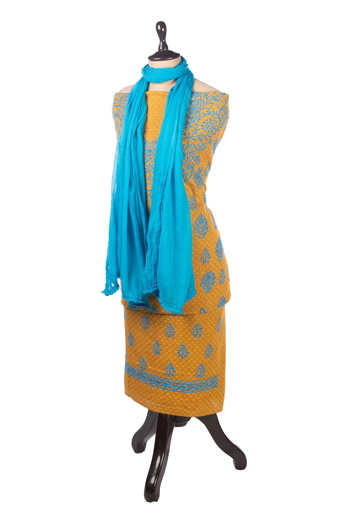 Silakaari Suhagan Beige-Blue Premium HandWork Lucknowi Chikankari Unstitched Dress Material