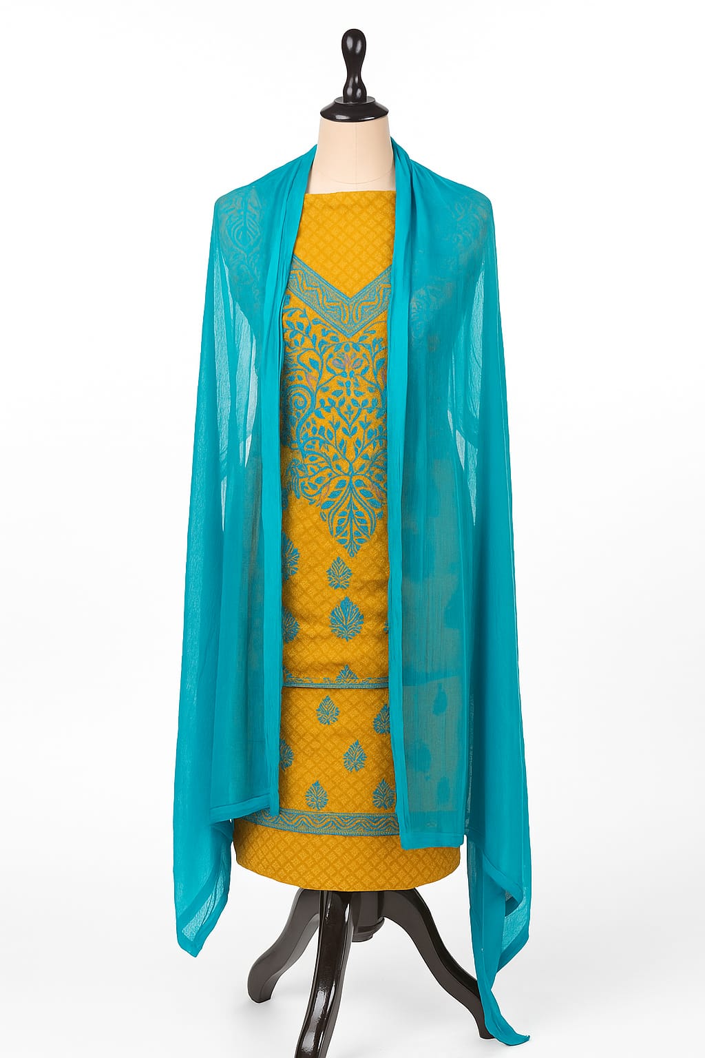 Silakaari Suhagan Beige-Blue Premium HandWork Lucknowi Chikankari Unstitched Dress Material