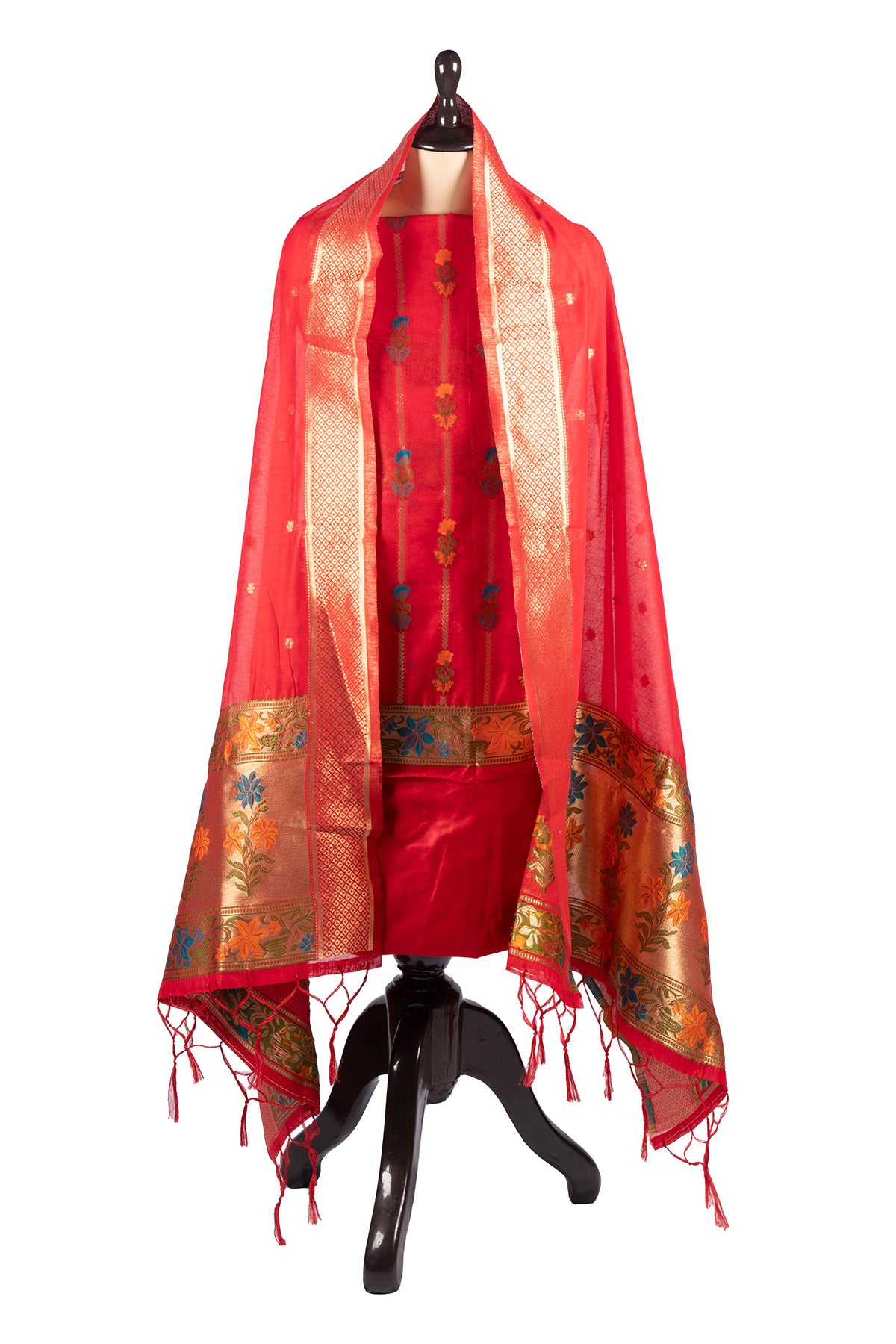 Silakaari Banarasi Silk Woven Zardosi Work & Golden foil Apple Red Unstitched Suit