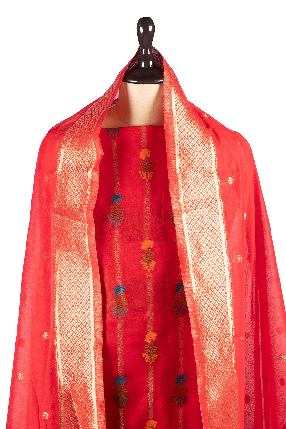 Silakaari Banarasi Silk Woven Zardosi Work & Golden foil Apple Red Unstitched Suit