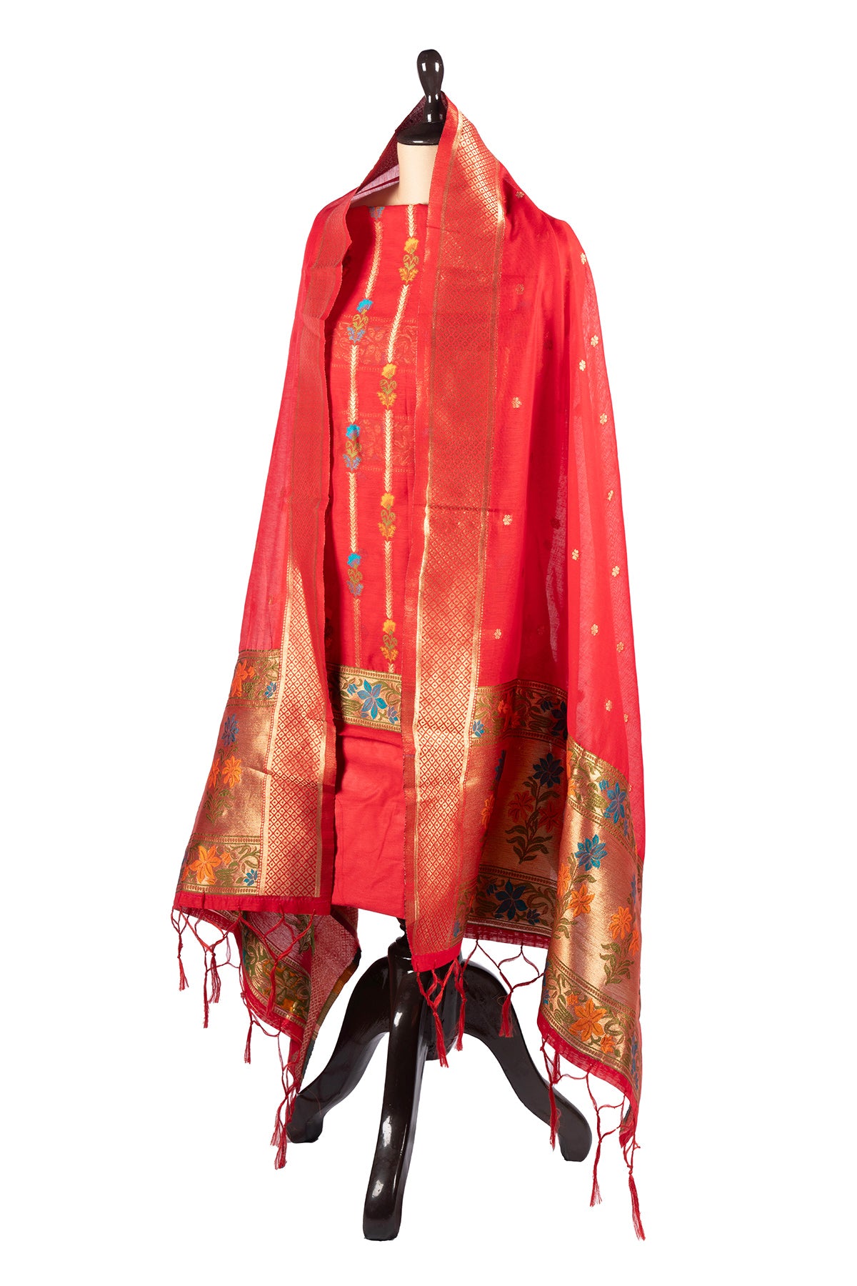 Silakaari Banarasi Silk Woven Zardosi Work & Golden foil Apple Red Unstitched Suit