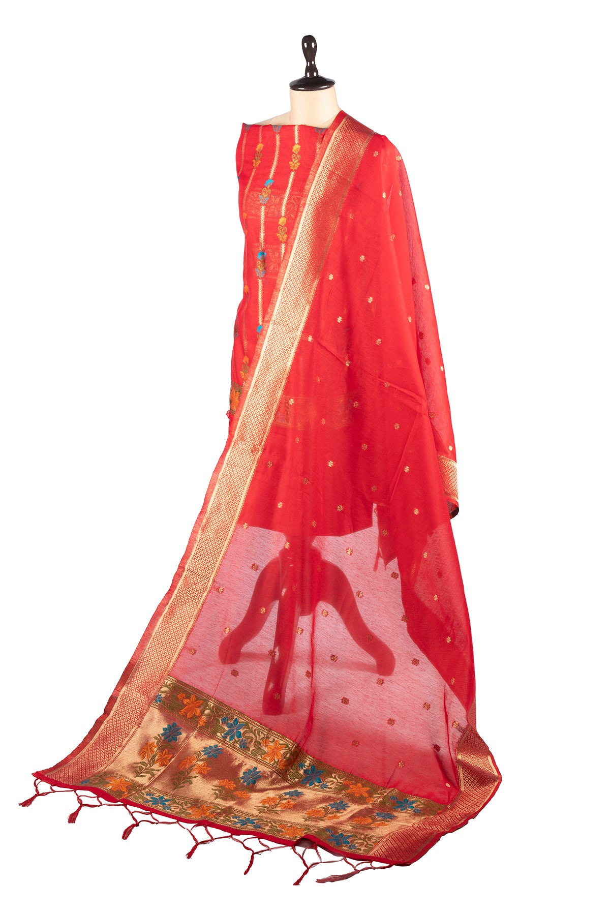 Silakaari Banarasi Silk Woven Zardosi Work & Golden foil Apple Red Unstitched Suit