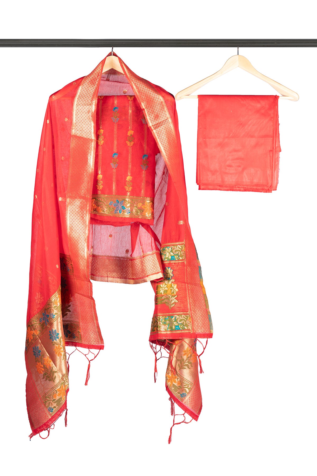 Silakaari Banarasi Silk Woven Zardosi Work & Golden foil Apple Red Unstitched Suit