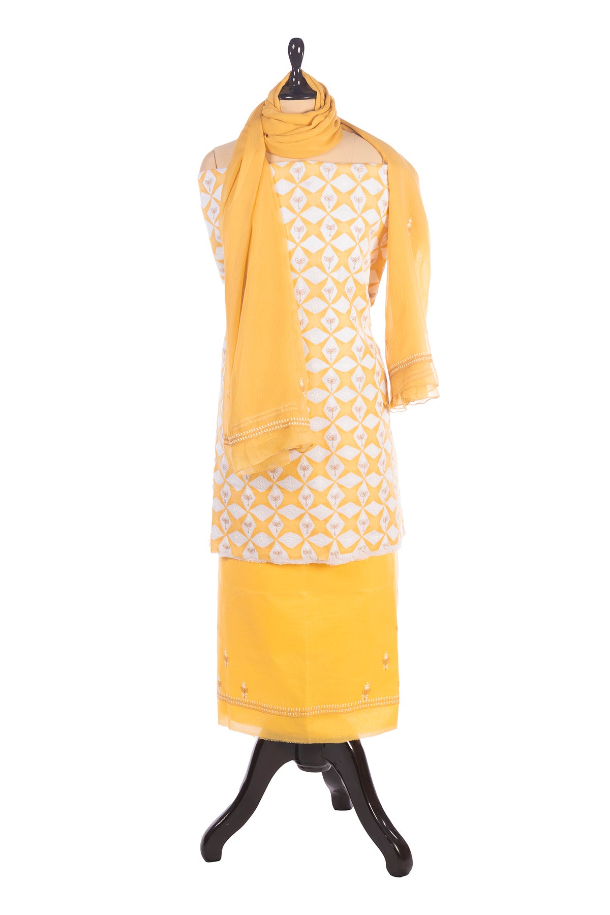 Silakaari Dhani Beige-White Patch Super Delux Premium Lucknowi Unstitched Dress Material