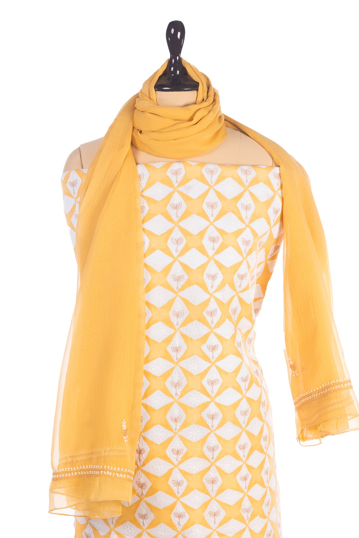 Silakaari Dhani Beige-White Patch Super Delux Premium Lucknowi Unstitched Dress Material