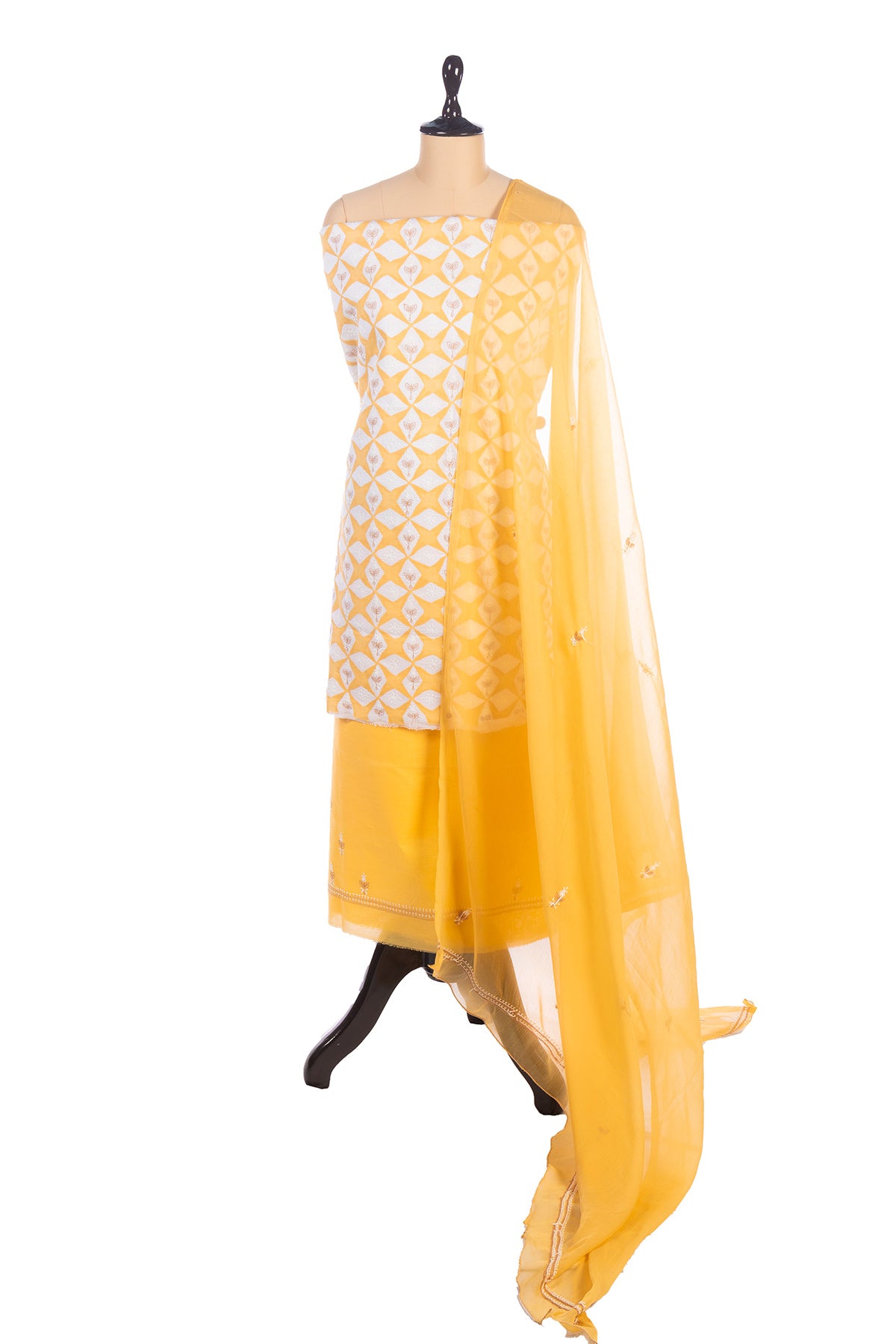 Silakaari Dhani Beige-White Patch Super Delux Premium Lucknowi Unstitched Dress Material