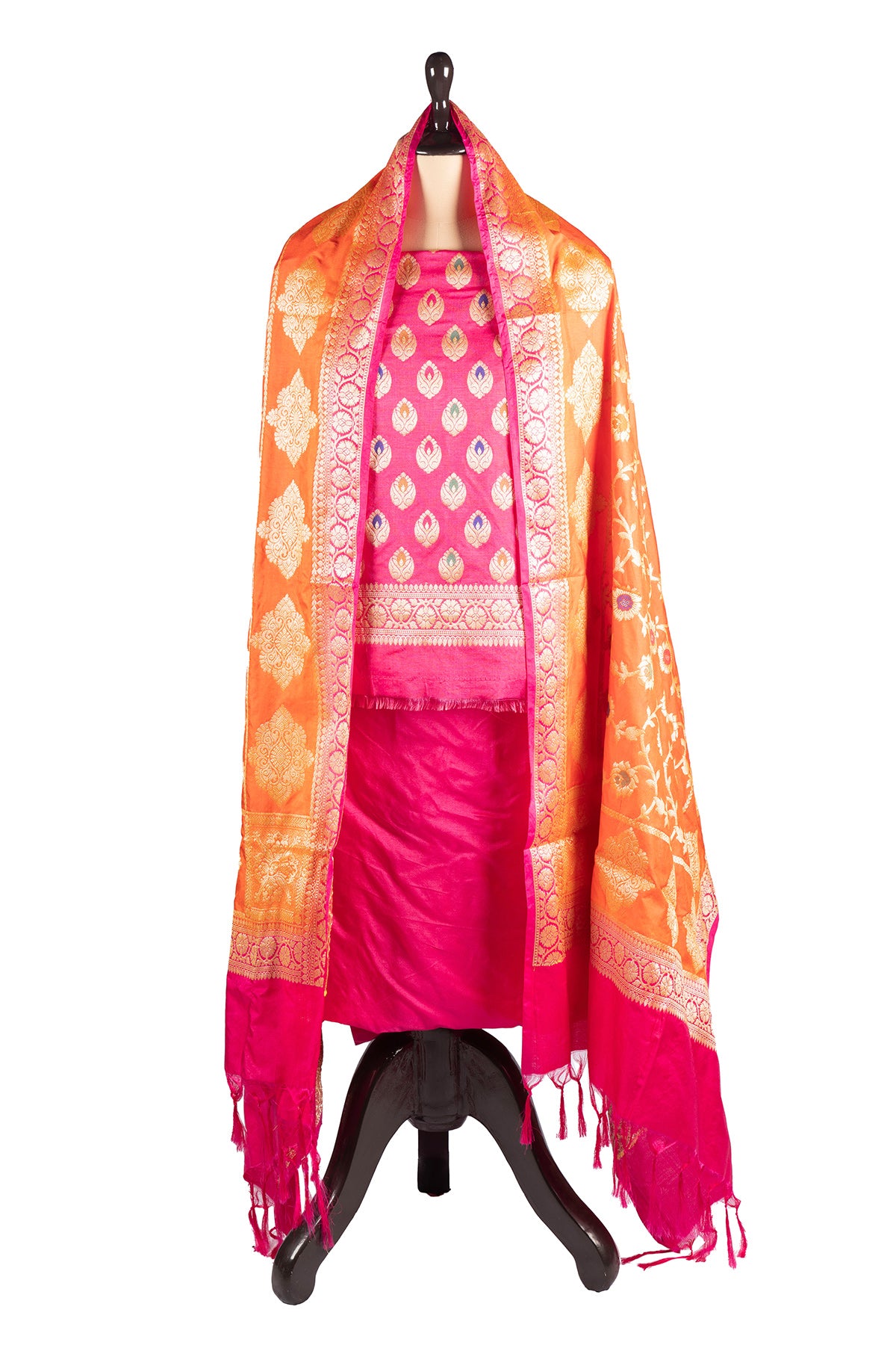 Silakaari Afsana Orange-Hot Pink Double Zari Banarasi Silk Unstitch Salwar Suit