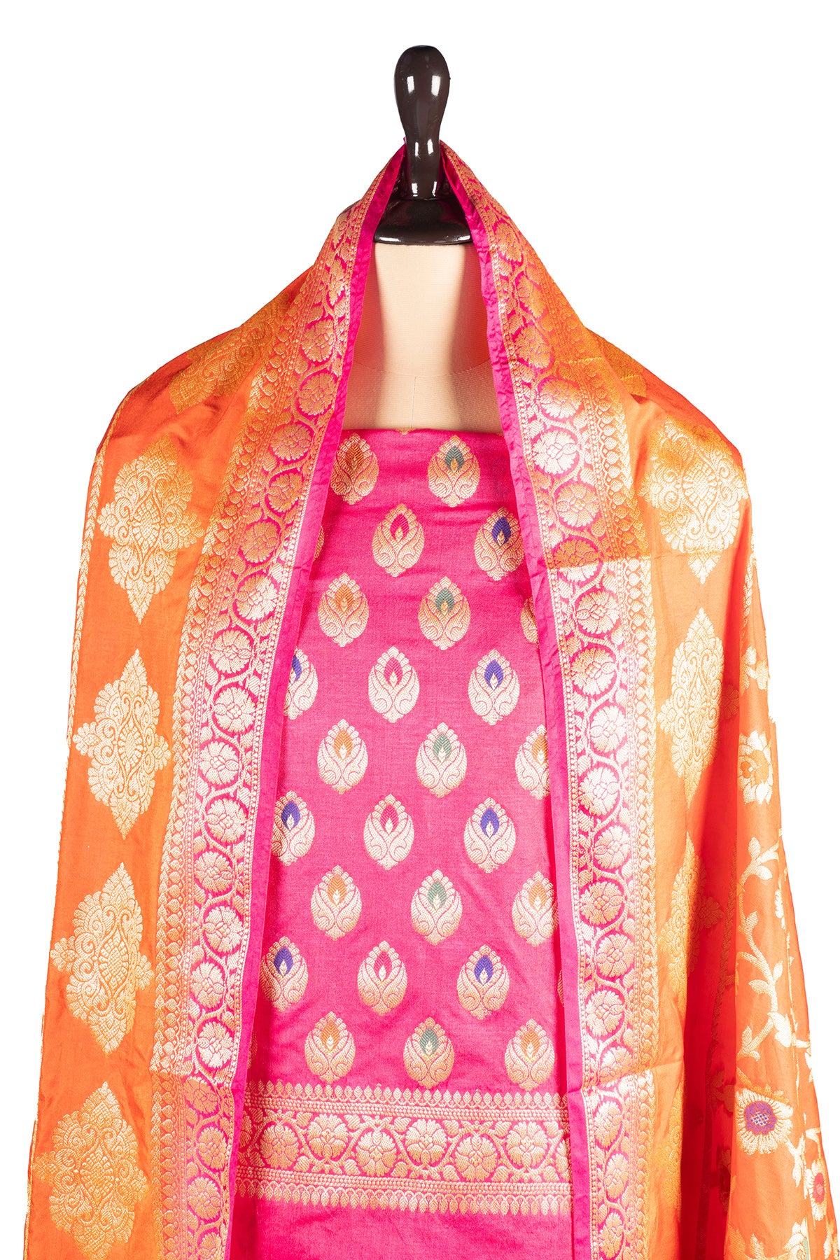 Silakaari Afsana Orange-Hot Pink Double Zari Banarasi Silk Unstitch Salwar Suit