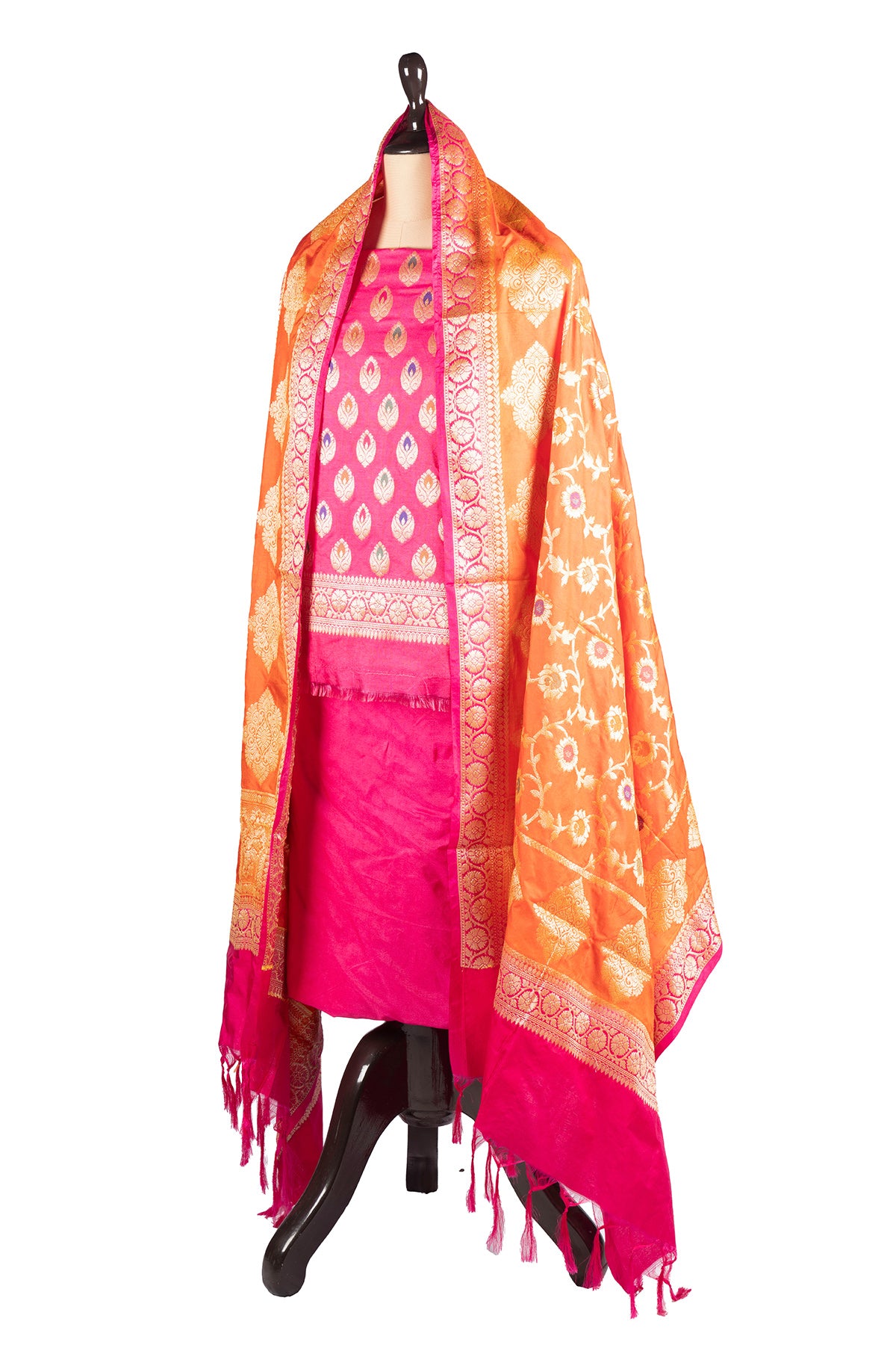 Silakaari Afsana Orange-Hot Pink Double Zari Banarasi Silk Unstitch Salwar Suit