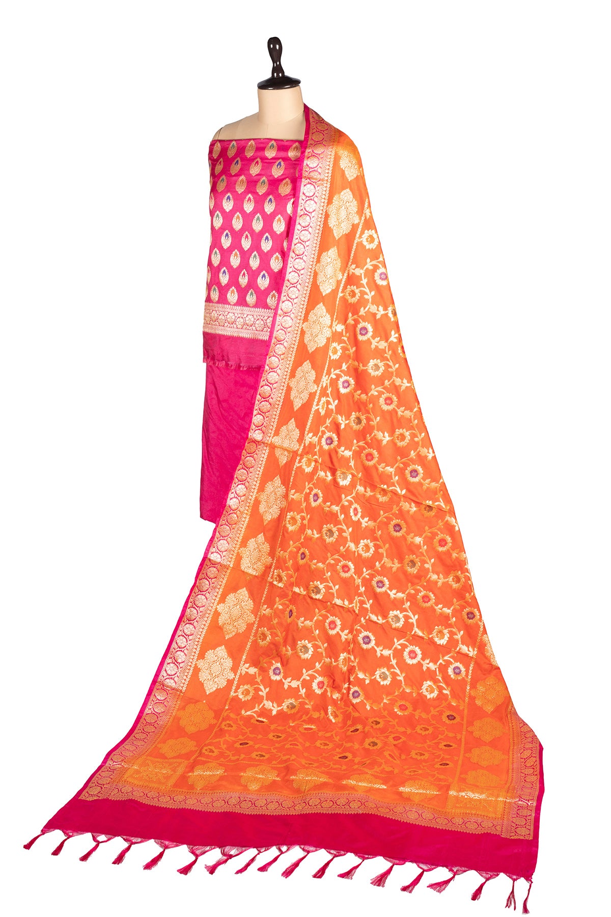 Silakaari Afsana Orange-Hot Pink Double Zari Banarasi Silk Unstitch Salwar Suit