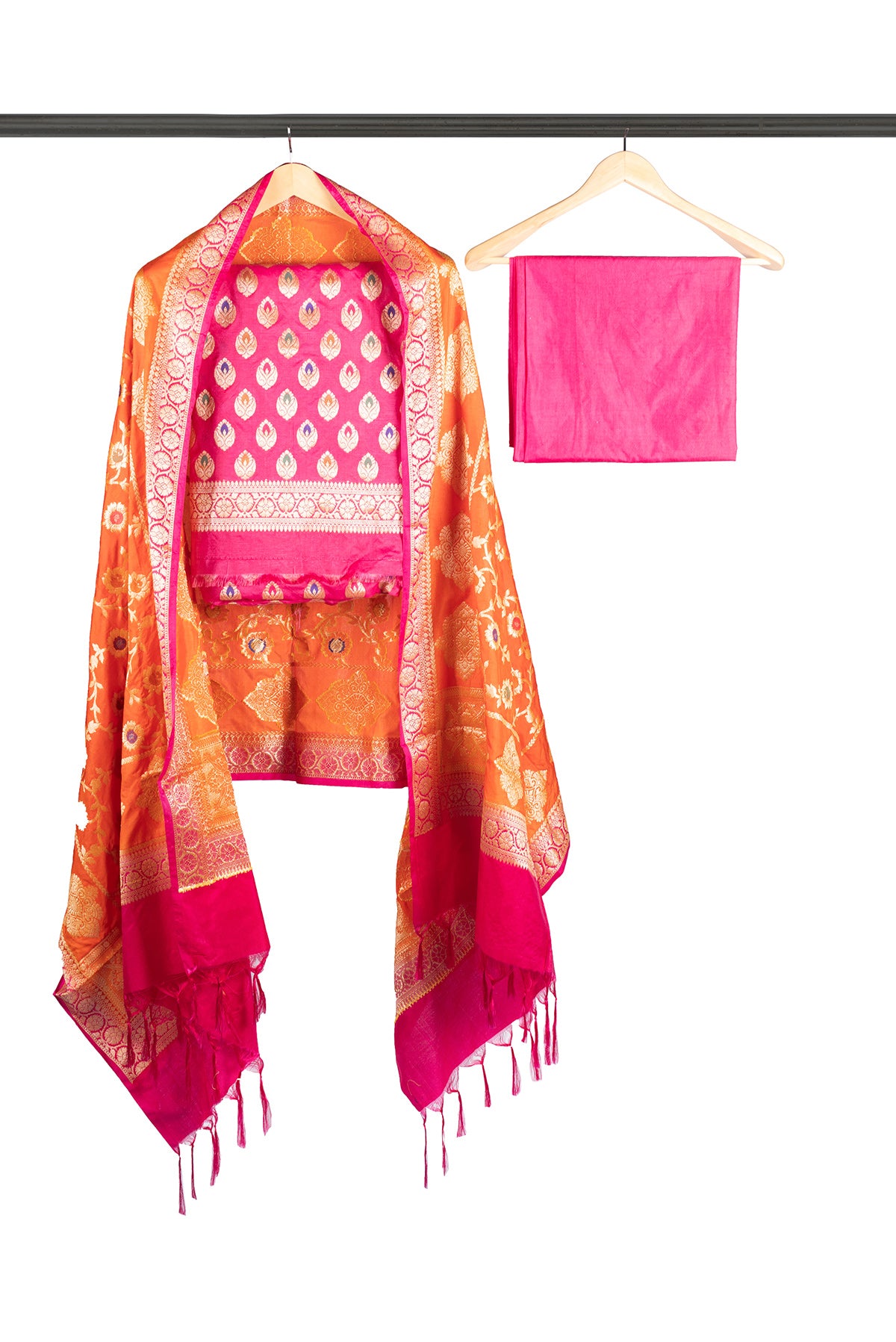 Silakaari Afsana Orange-Hot Pink Double Zari Banarasi Silk Unstitch Salwar Suit