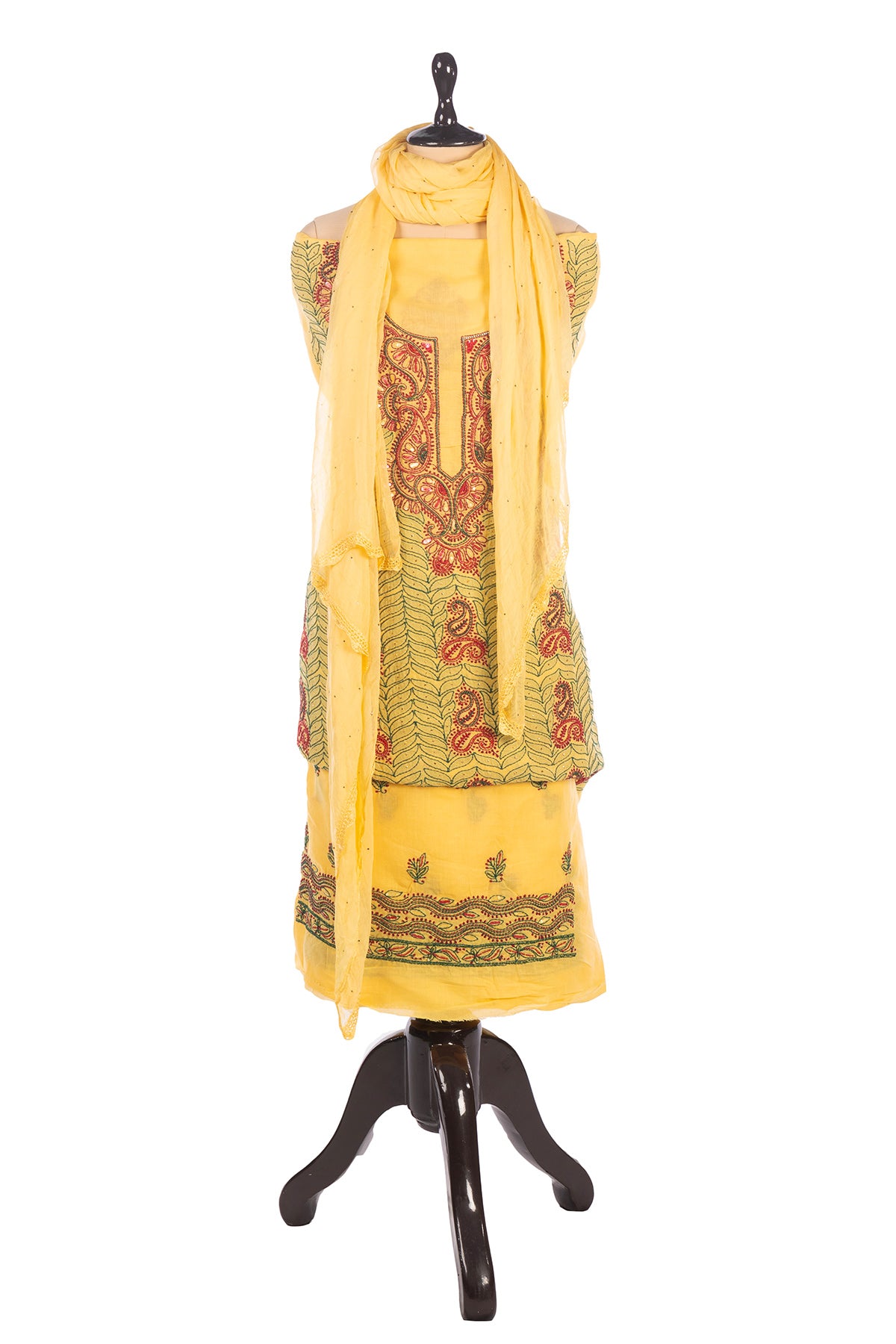 Silakaari Elegent Yellow Sequin Pearl Pure Cotton Lucknowi Unstitched Dress Material