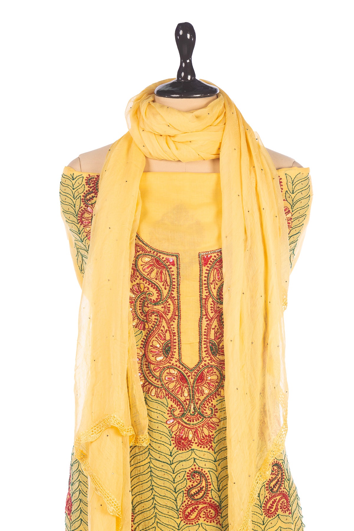 Silakaari Elegent Yellow Sequin Pearl Pure Cotton Lucknowi Unstitched Dress Material