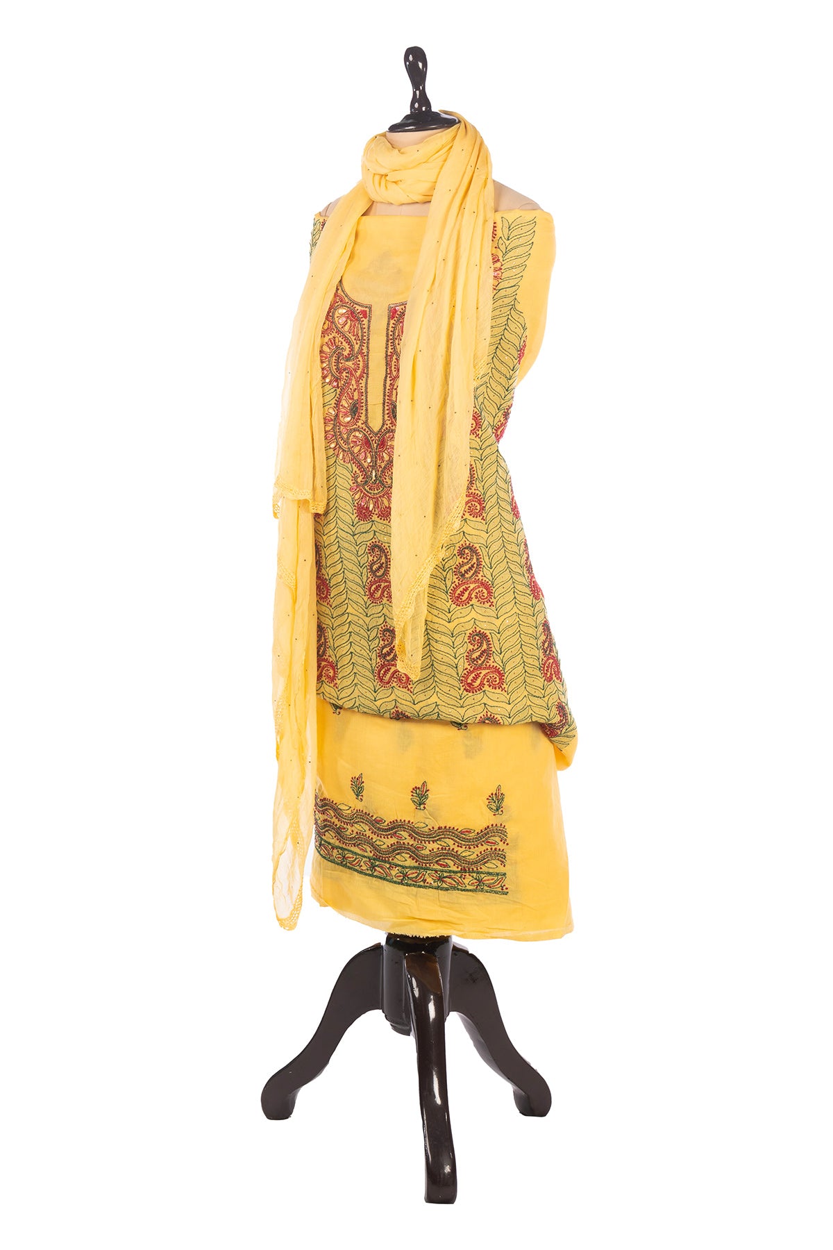 Silakaari Elegent Yellow Sequin Pearl Pure Cotton Lucknowi Unstitched Dress Material
