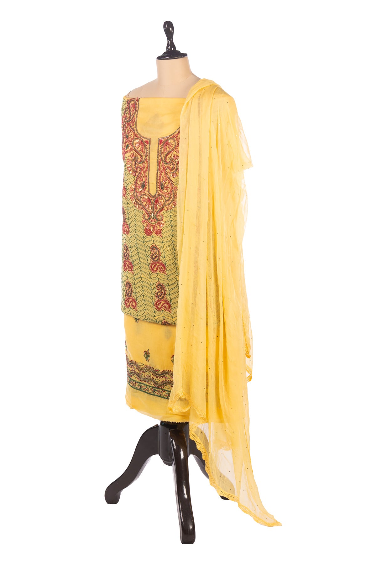 Silakaari Elegent Yellow Sequin Pearl Pure Cotton Lucknowi Unstitched Dress Material