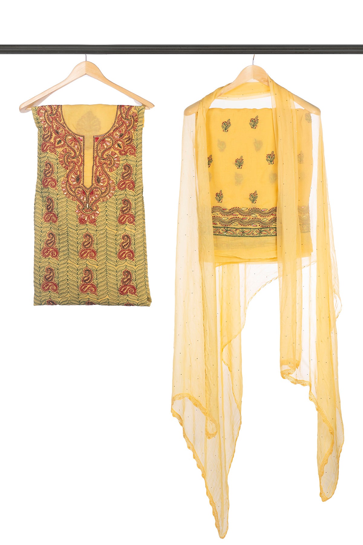 Silakaari Elegent Yellow Sequin Pearl Pure Cotton Lucknowi Unstitched Dress Material