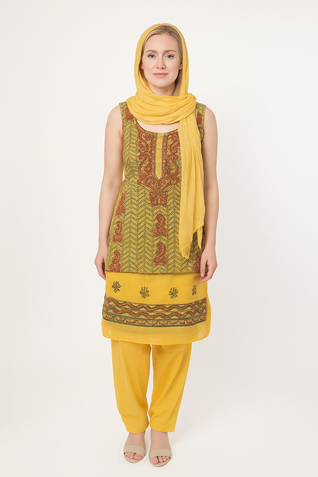 Silakaari Elegent Yellow Sequin Pearl Pure Cotton Lucknowi Unstitched Dress Material
