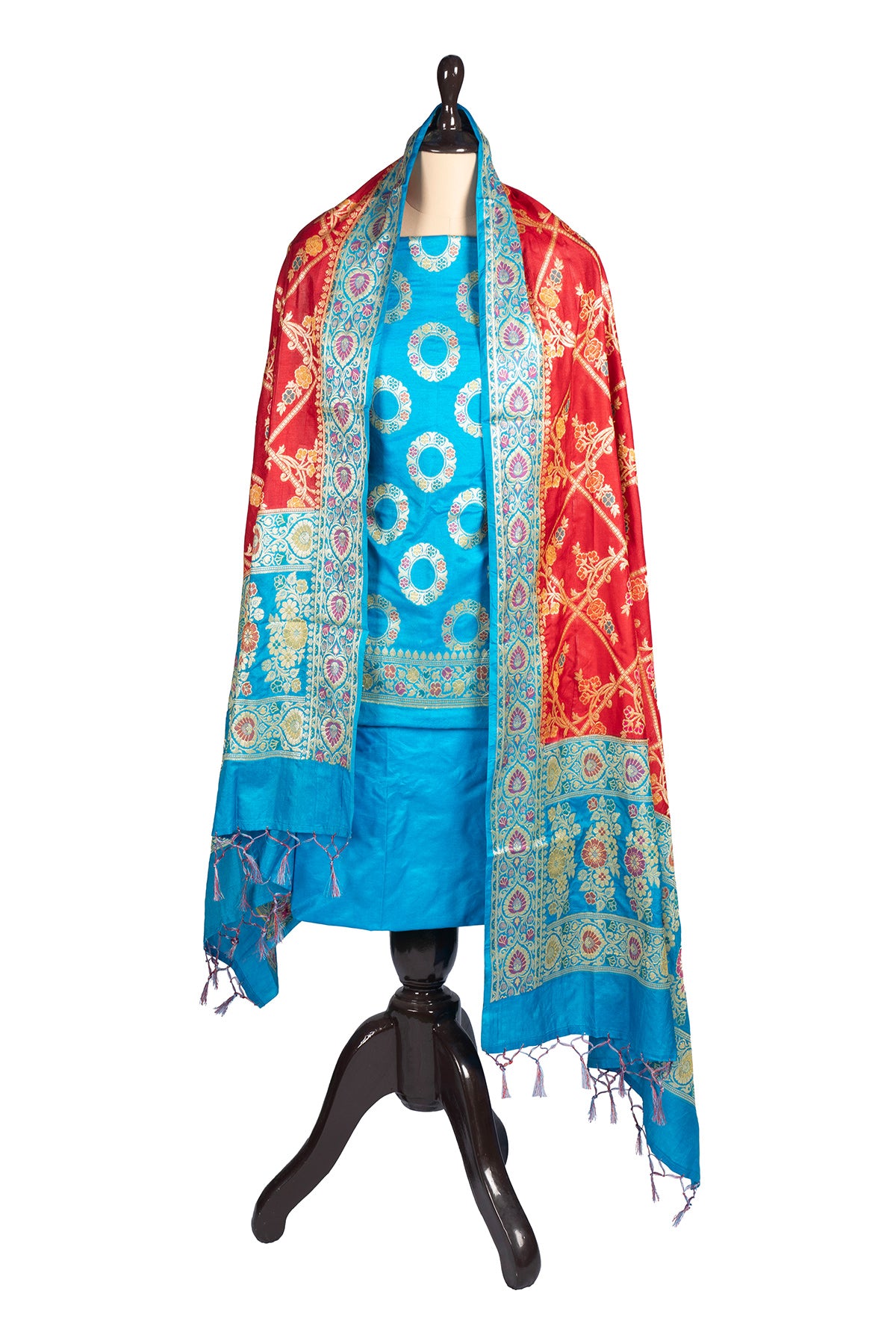 Silakaari Khoobsurat Blue-Red Pure Banarasi Katan Silk unstitch Salwar Suit