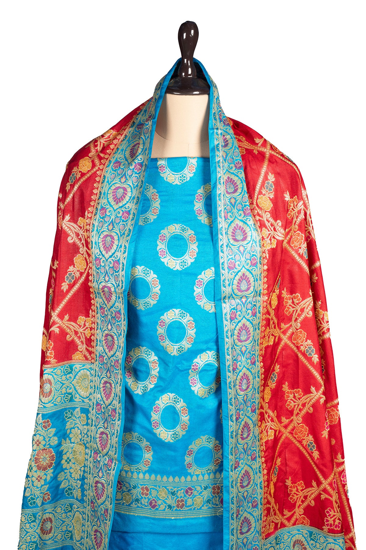 Silakaari Khoobsurat Blue-Red Pure Banarasi Katan Silk unstitch Salwar Suit