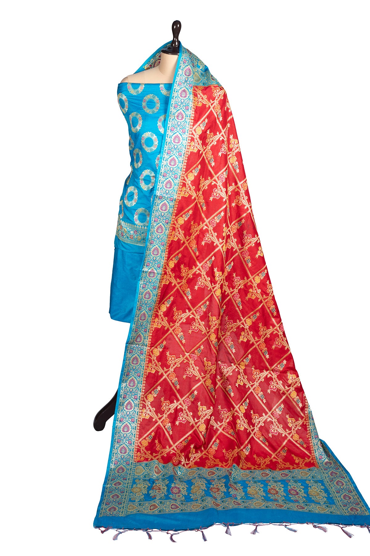 Silakaari Khoobsurat Blue-Red Pure Banarasi Katan Silk unstitch Salwar Suit